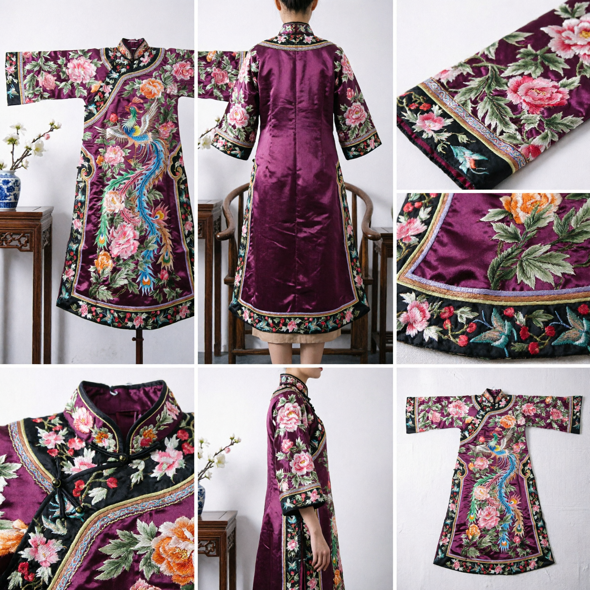 Traditional Chinese Phoenix Embroidery Purple Silk Long Robe Cheongsam for Women Wedding Stage Costume