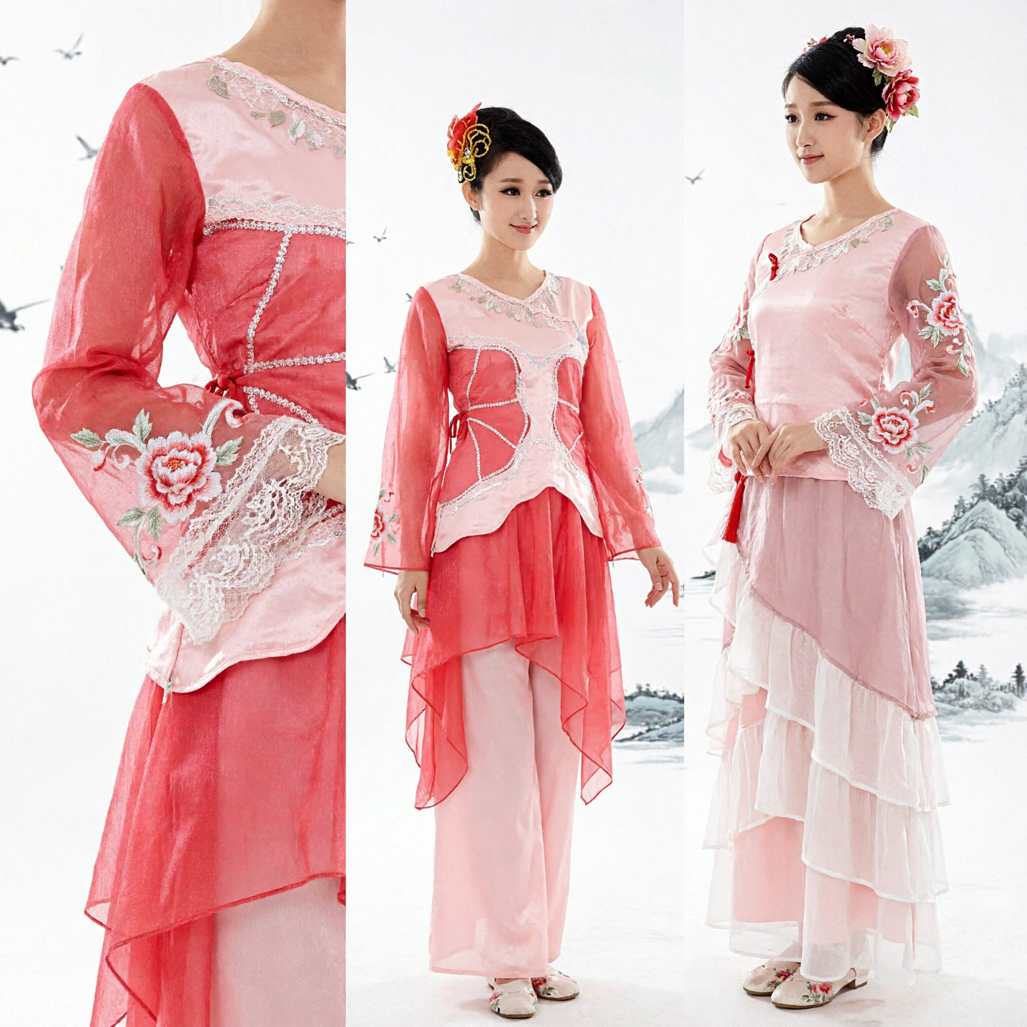 Traditional Chinese Folk Dance Costume Pink Lotus Flower Stage Performance Dress for Women