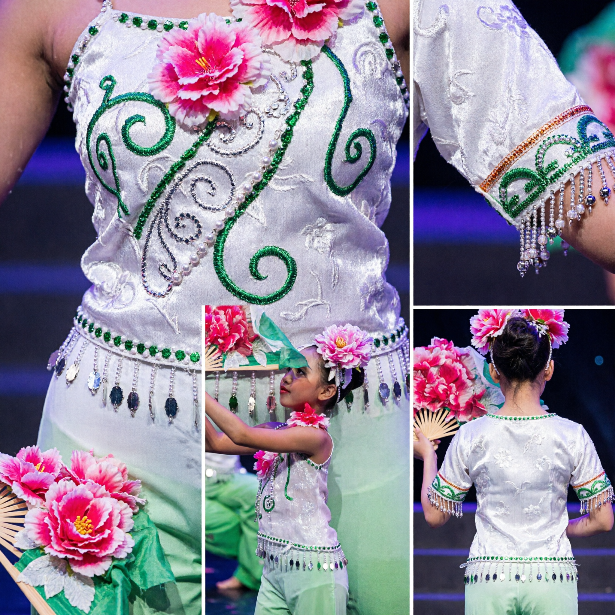 Children's Chinese Peony Flower Fan Dance Costume Girls Traditional Yangge Performance Outfit Set