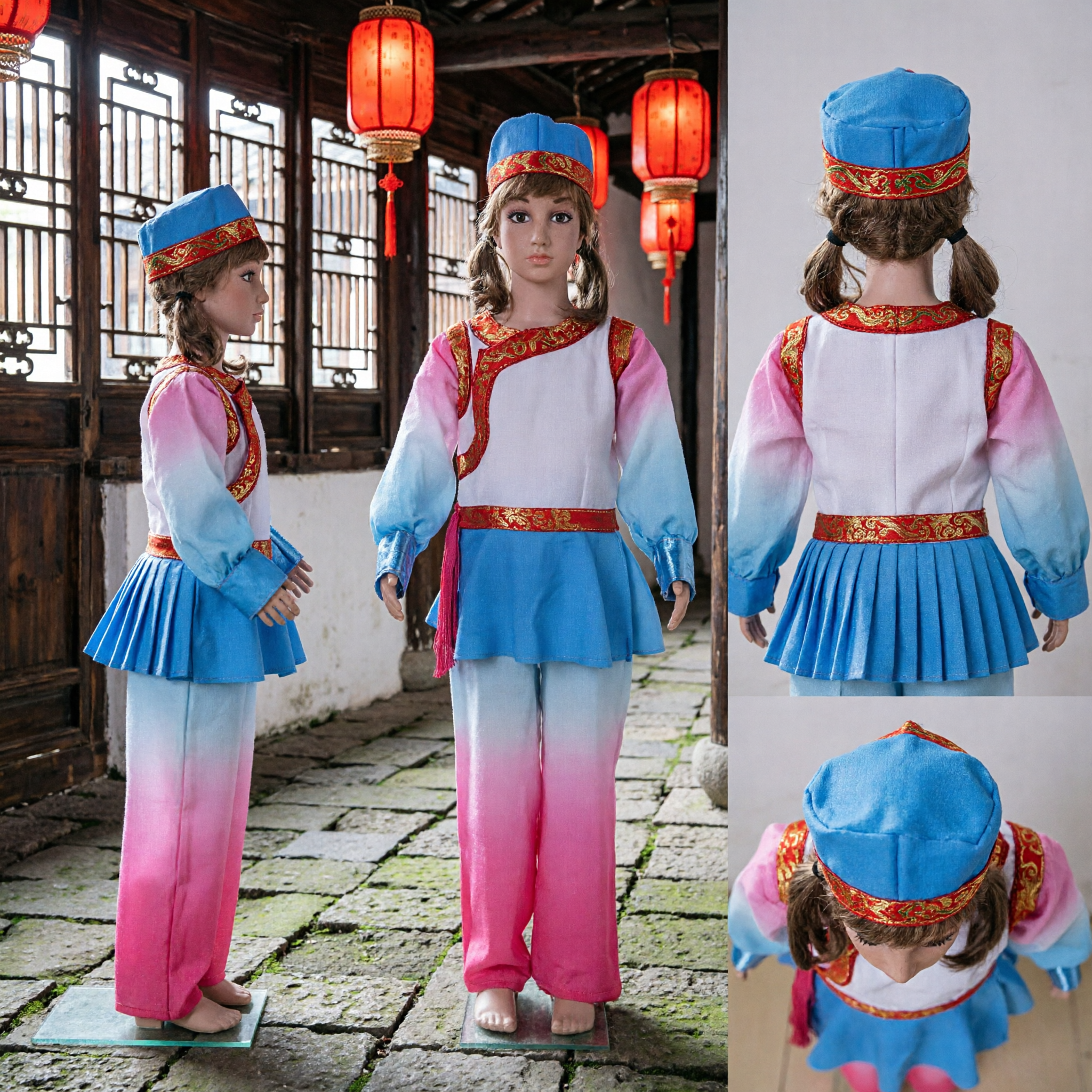 Traditional Chinese Folk Dance Costume for Kids Colorful Ethnic Stage Performance Outfit with Matching Hat
