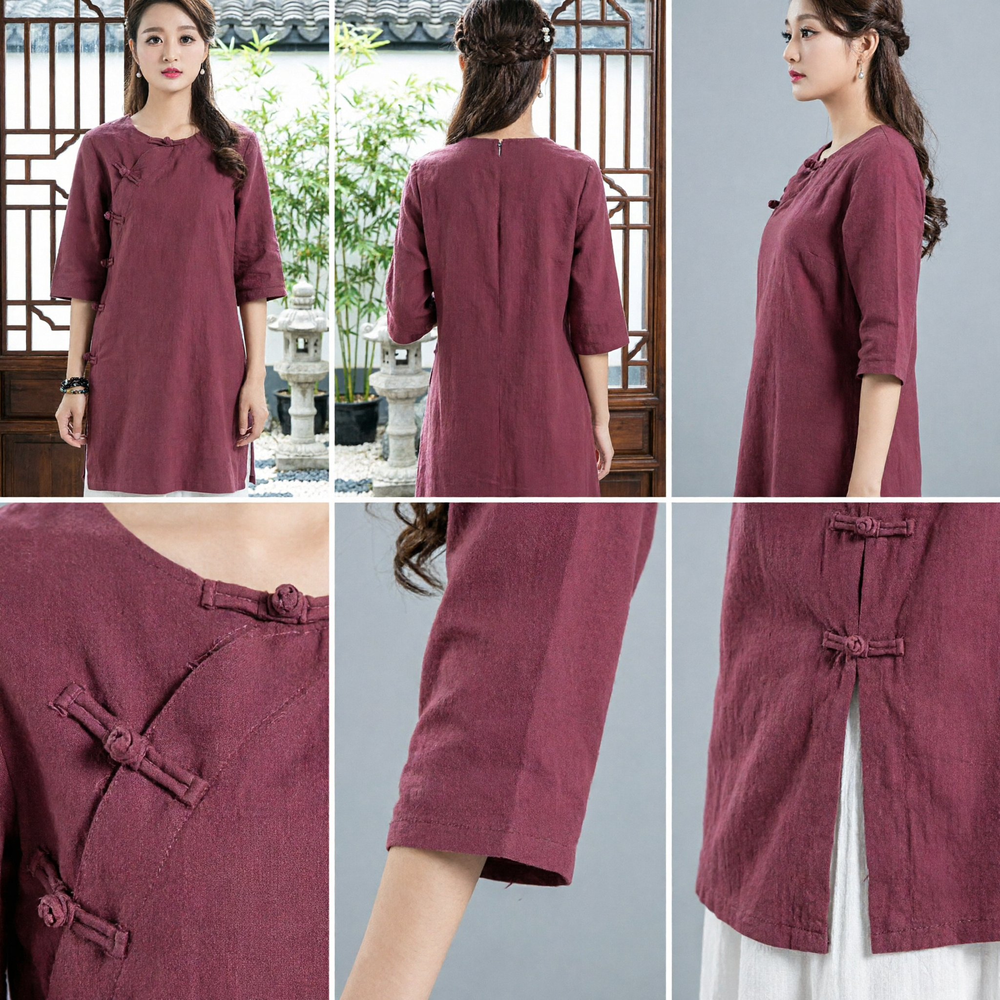 Women's Traditional Chinese Tang Suit Linen Top Vintage Ethnic Maroon Blouse with Knot Buttons