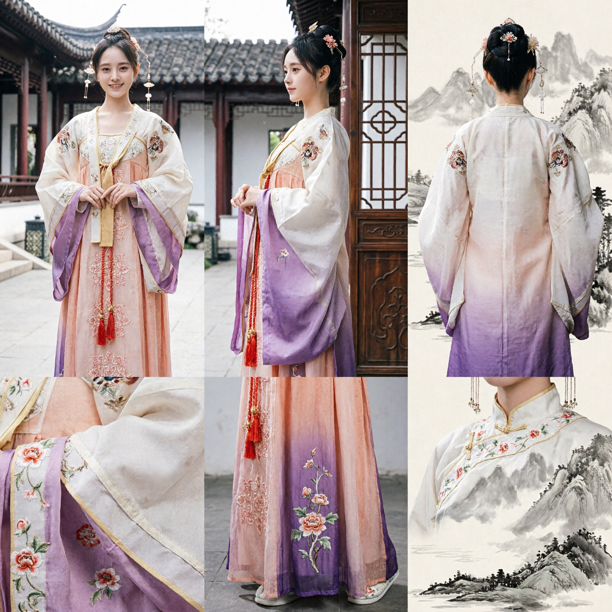 Traditional Chinese Hanfu Costume for Women Tang Dynasty Style Embroidered Floral Top and Pink Gradient Skirt Set