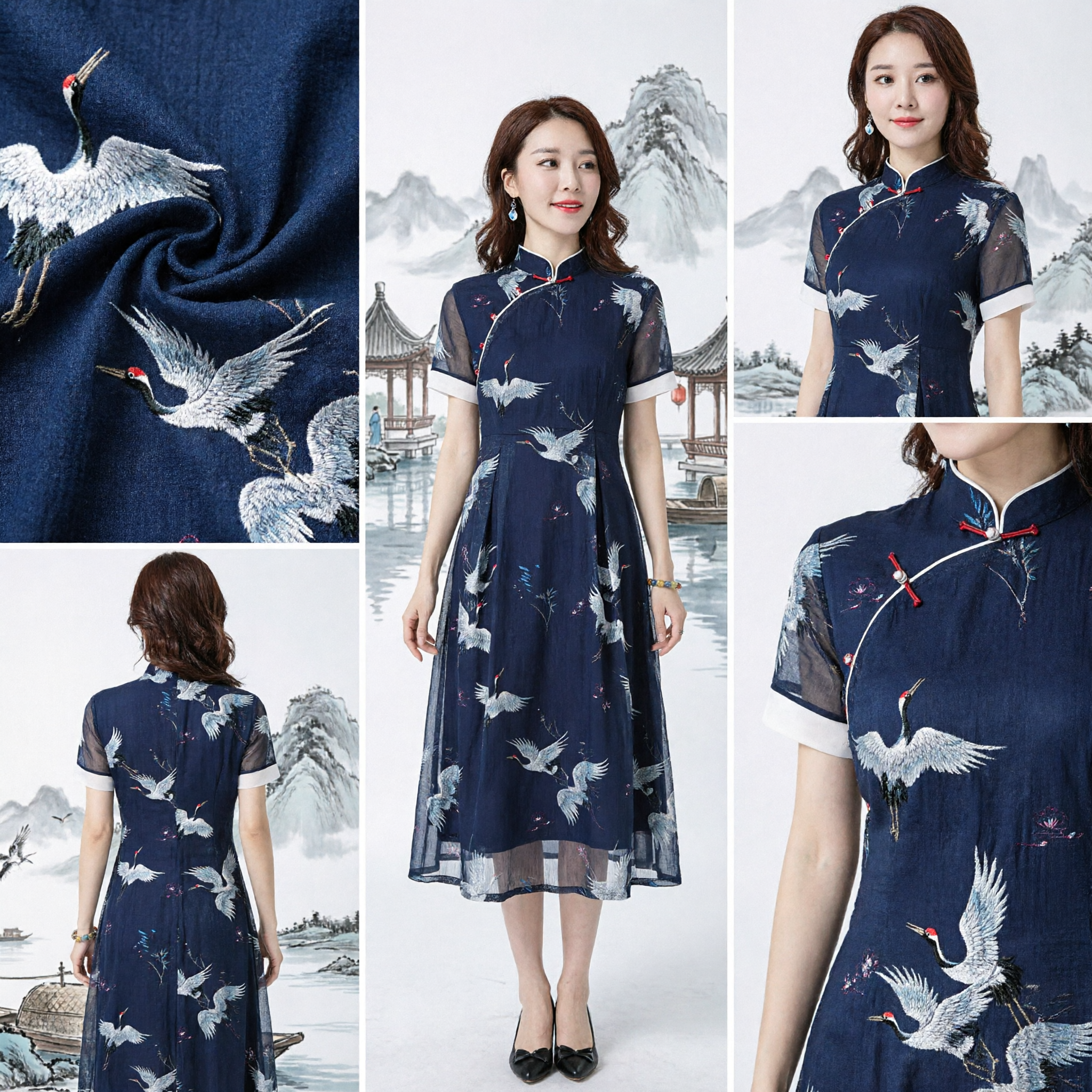 Elegant Navy Blue Chinese Crane Print Cheongsam Dress Modern Chiffon Qipao Short Sleeve Summer Gown for Women