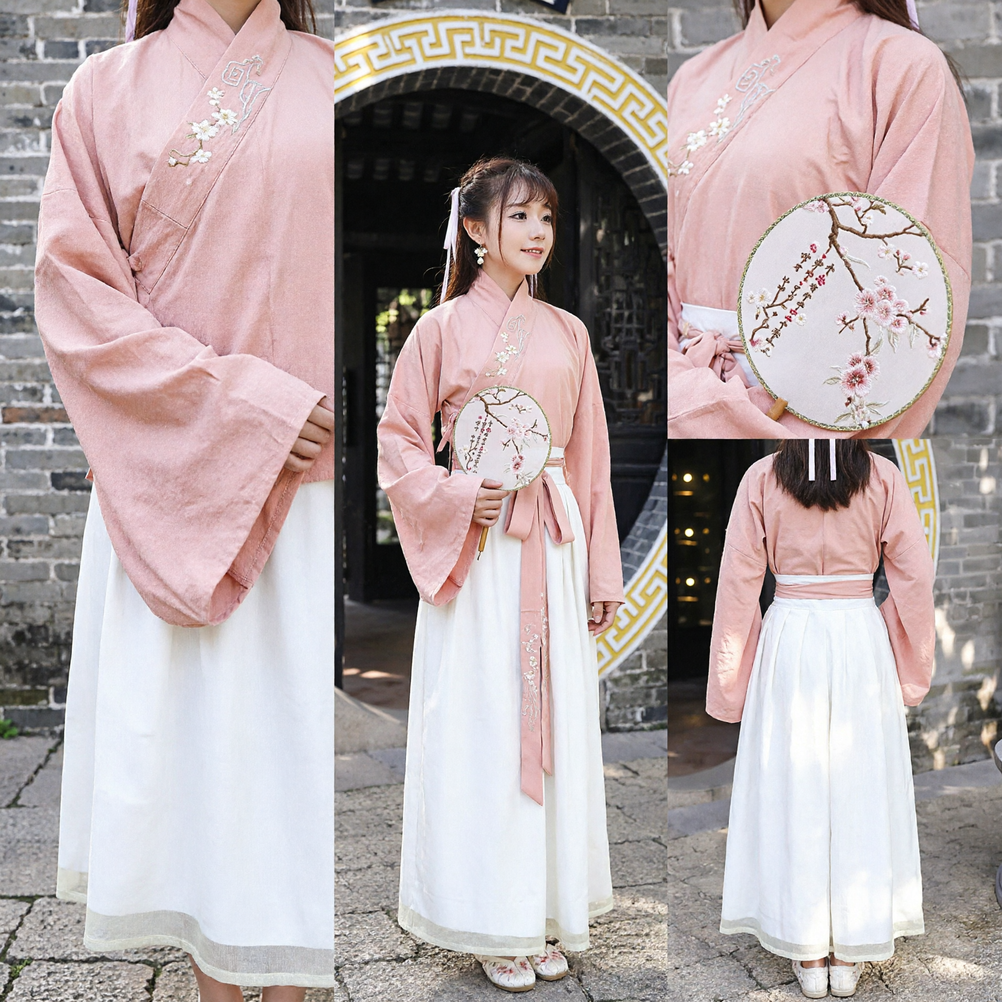 Traditional Chinese Hanfu Costume Pink Embroidered Cross-Collar Top and White Skirt Set for Women Historical Cosplay