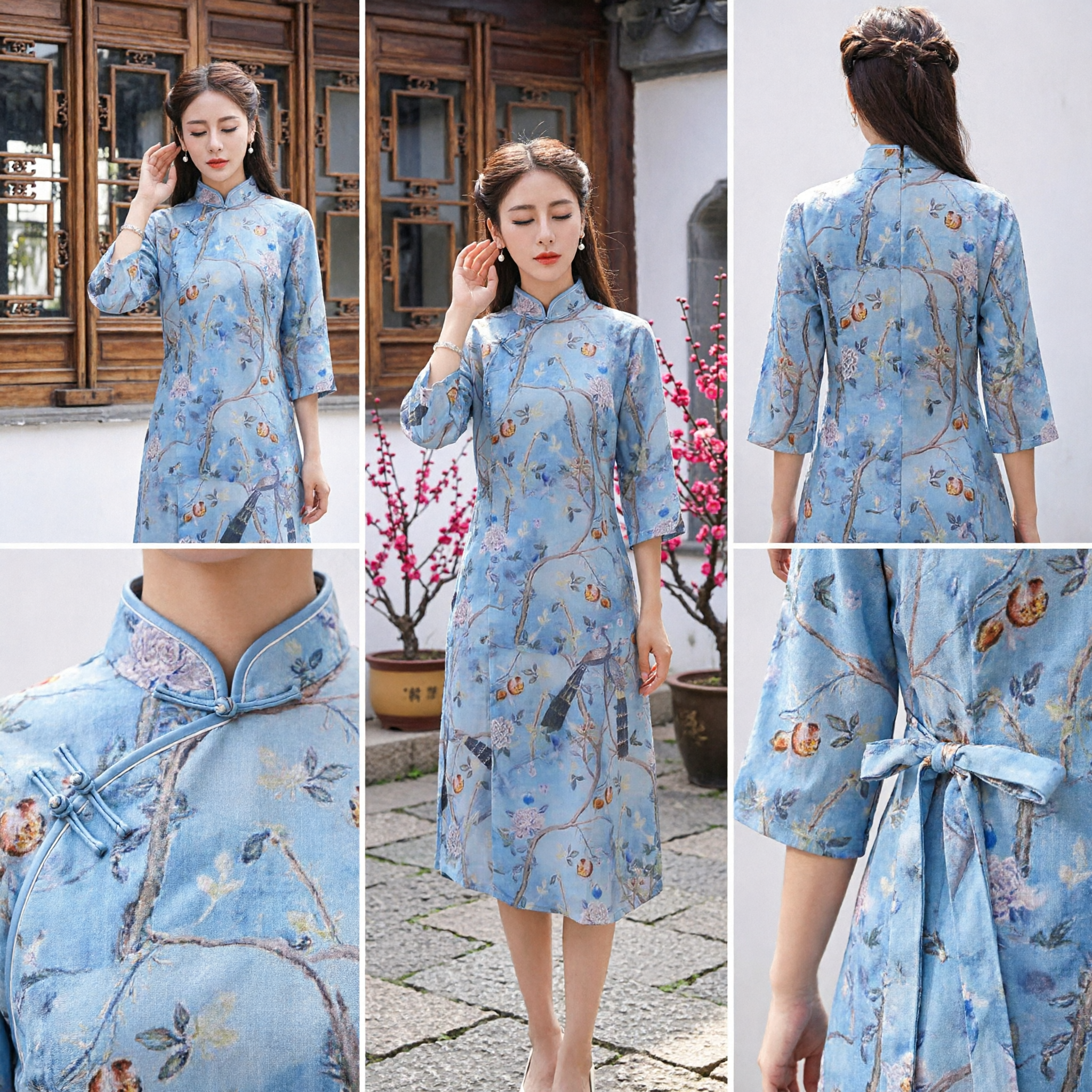 Elegant Blue Floral Chinese Cheongsam Dress Women Traditional Mandarin Collar Qipao Casual Summer Daily Wear