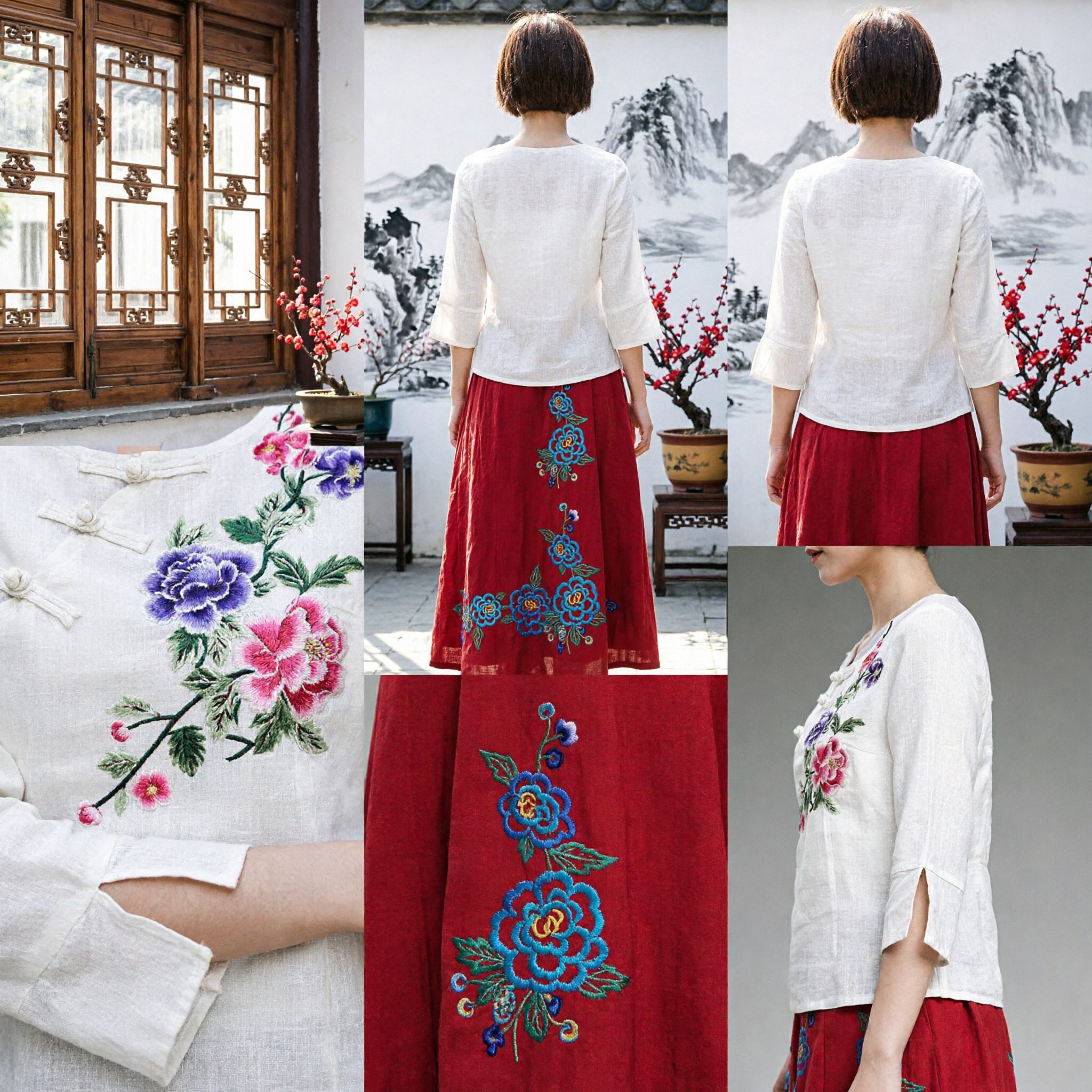 Women's Chinese Style Embroidered Linen Blouse Traditional Floral Tang Suit Top Mandarin Collar Casual Ethnic Wear