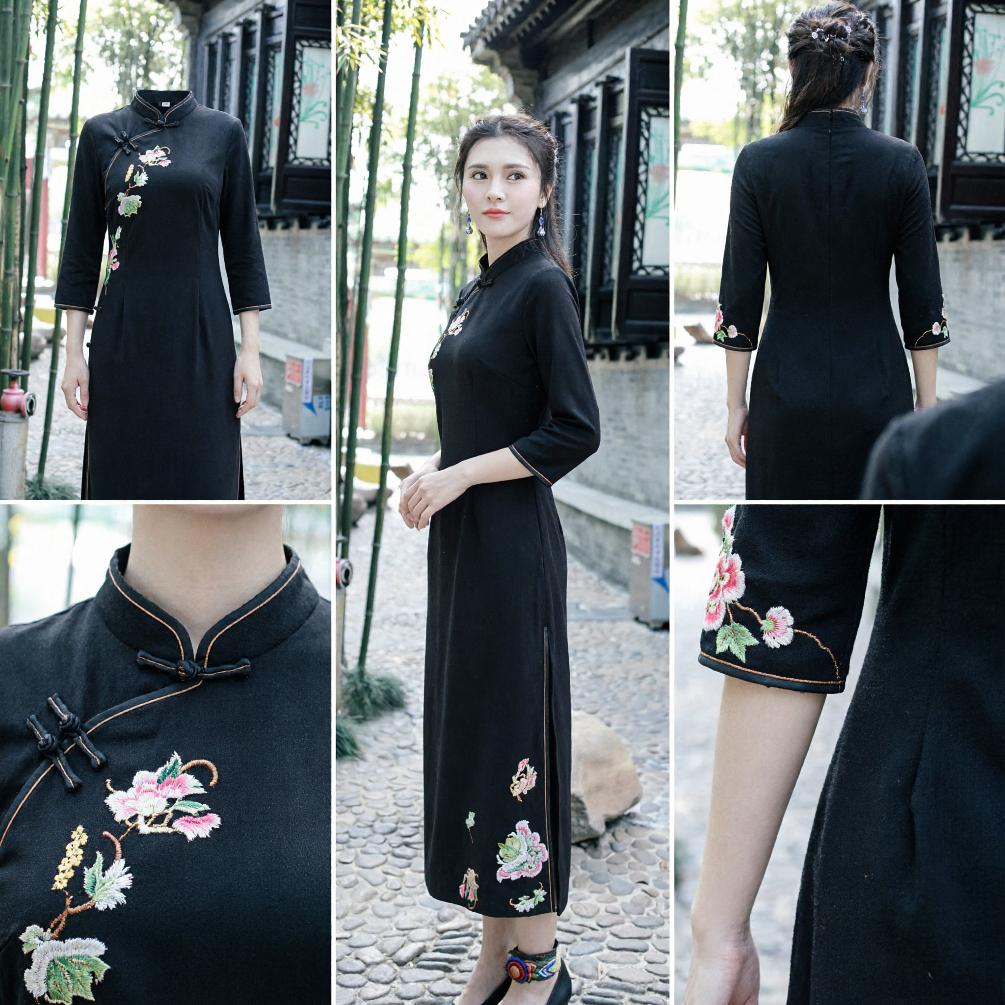 Elegant Black Long Sleeve Cheongsam Dress with Floral Embroidery Traditional Chinese Qipao for Women Daily Wear