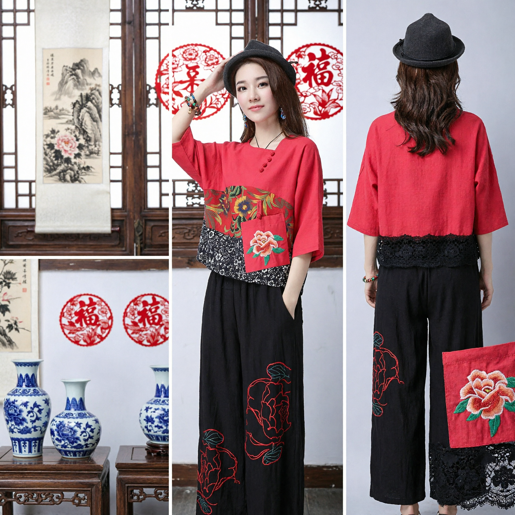 Women's Red Chinese Style Ethnic Embroidery Top Loose Casual Cotton Linen Blouse Tang Suit