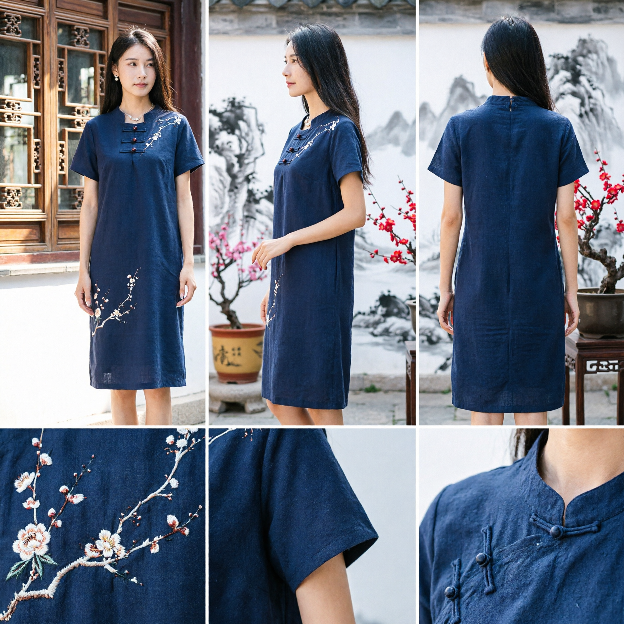 Elegant Navy Blue Chinese Style Linen Dress Women Casual Summer Qipao with Floral Embroidery Vintage Outfit