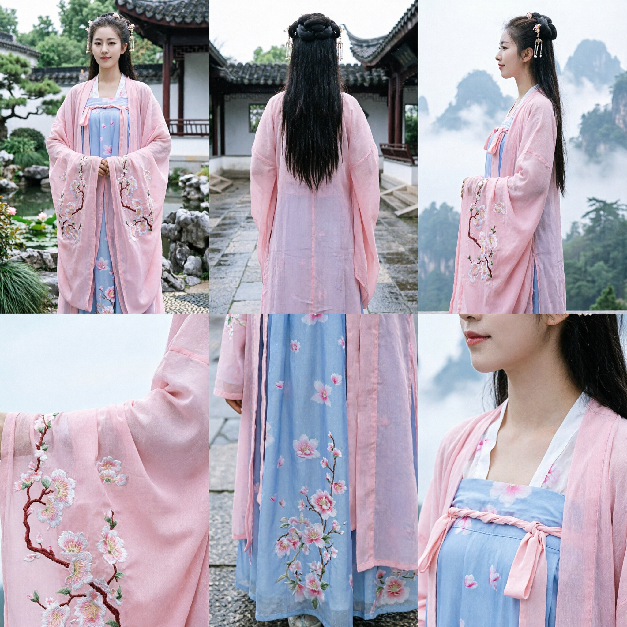 Traditional Chinese Hanfu Tang Dynasty Style Pink Embroidered Robe and Blue Dress Costume for Women
