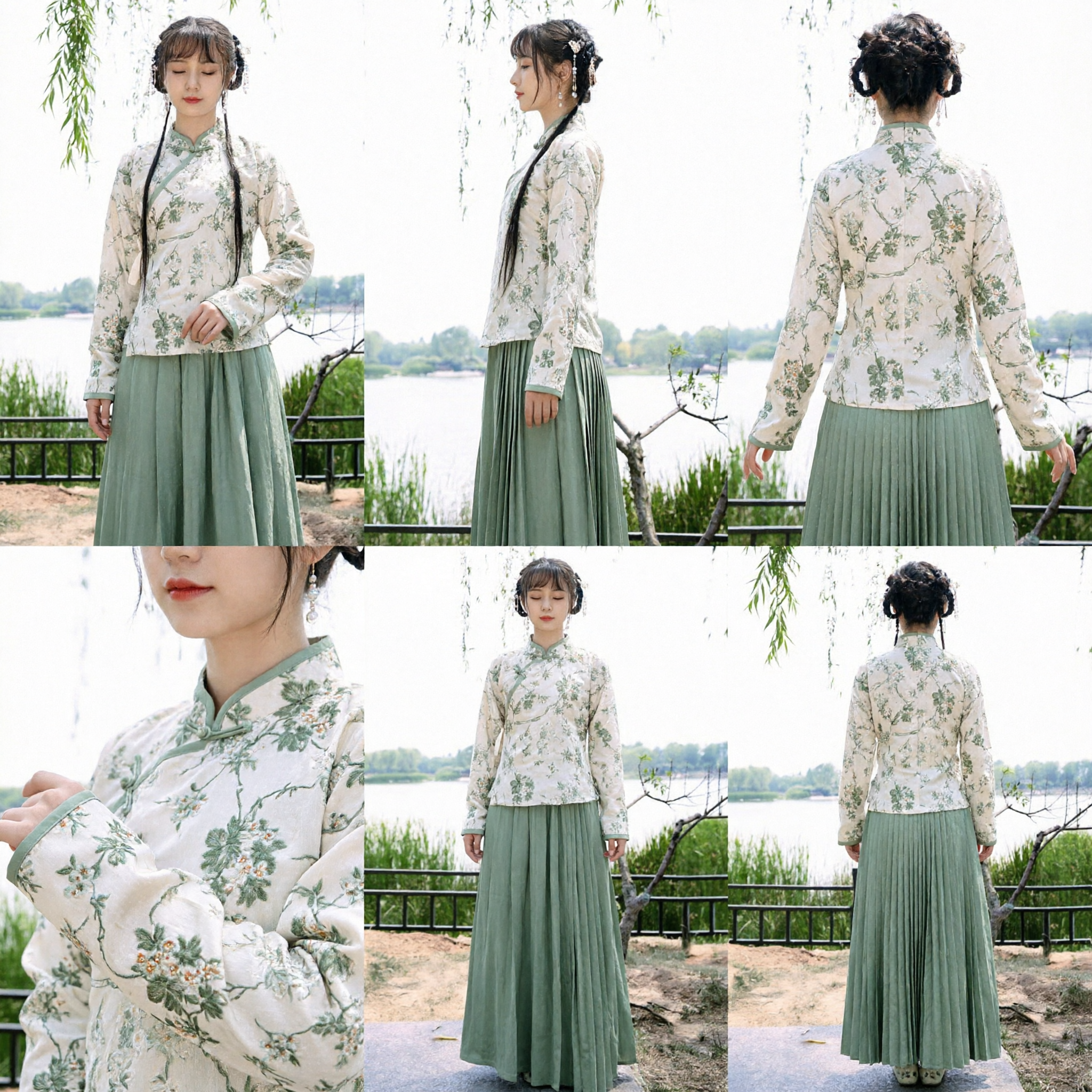 Women's Traditional Chinese Hanfu Ming Dynasty Ruqun Set Floral Print Top and Sage Green Pleated Skirt Costume