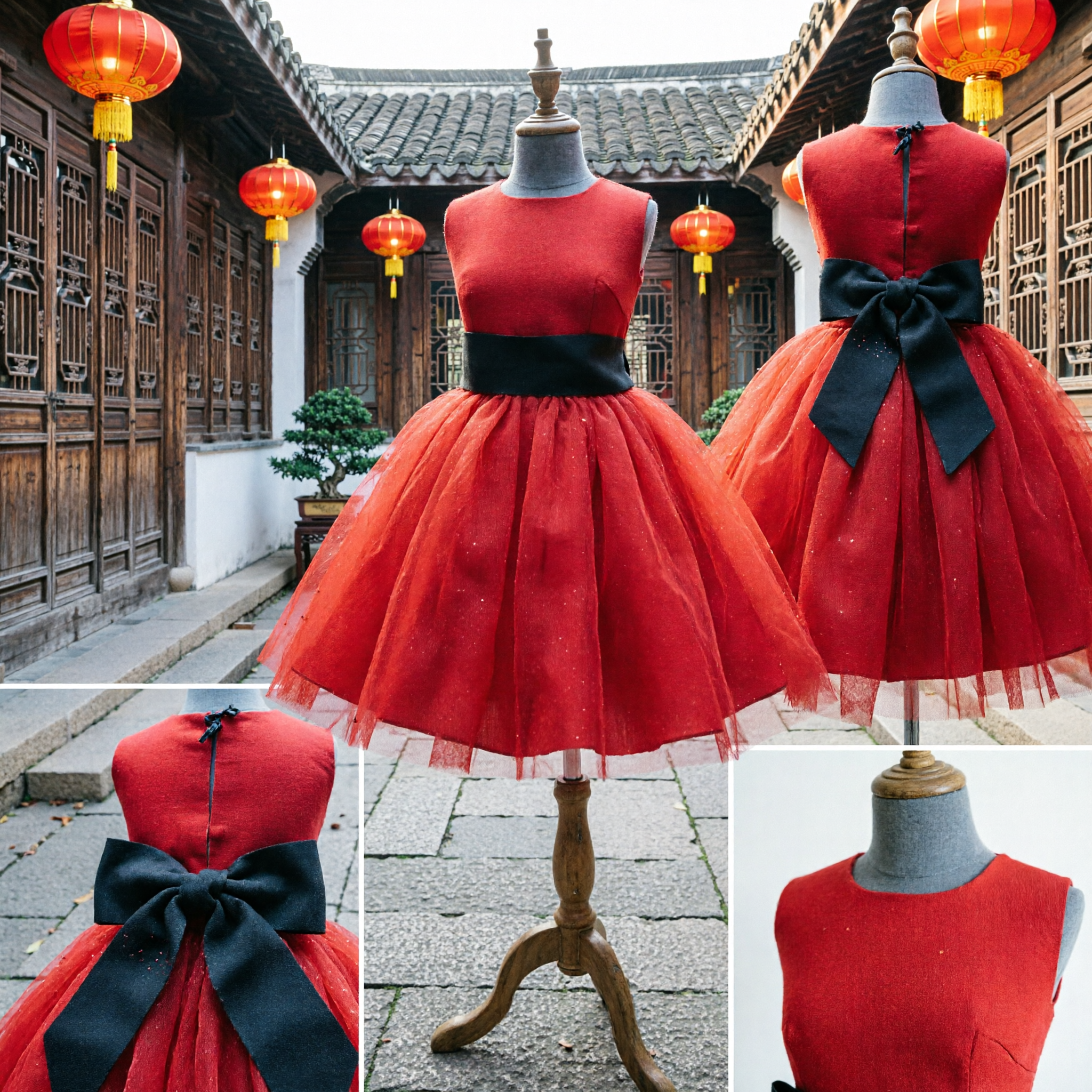 Girls Red Tulle Flower Girl Dress with Black Bow Formal Party Gown for Kids