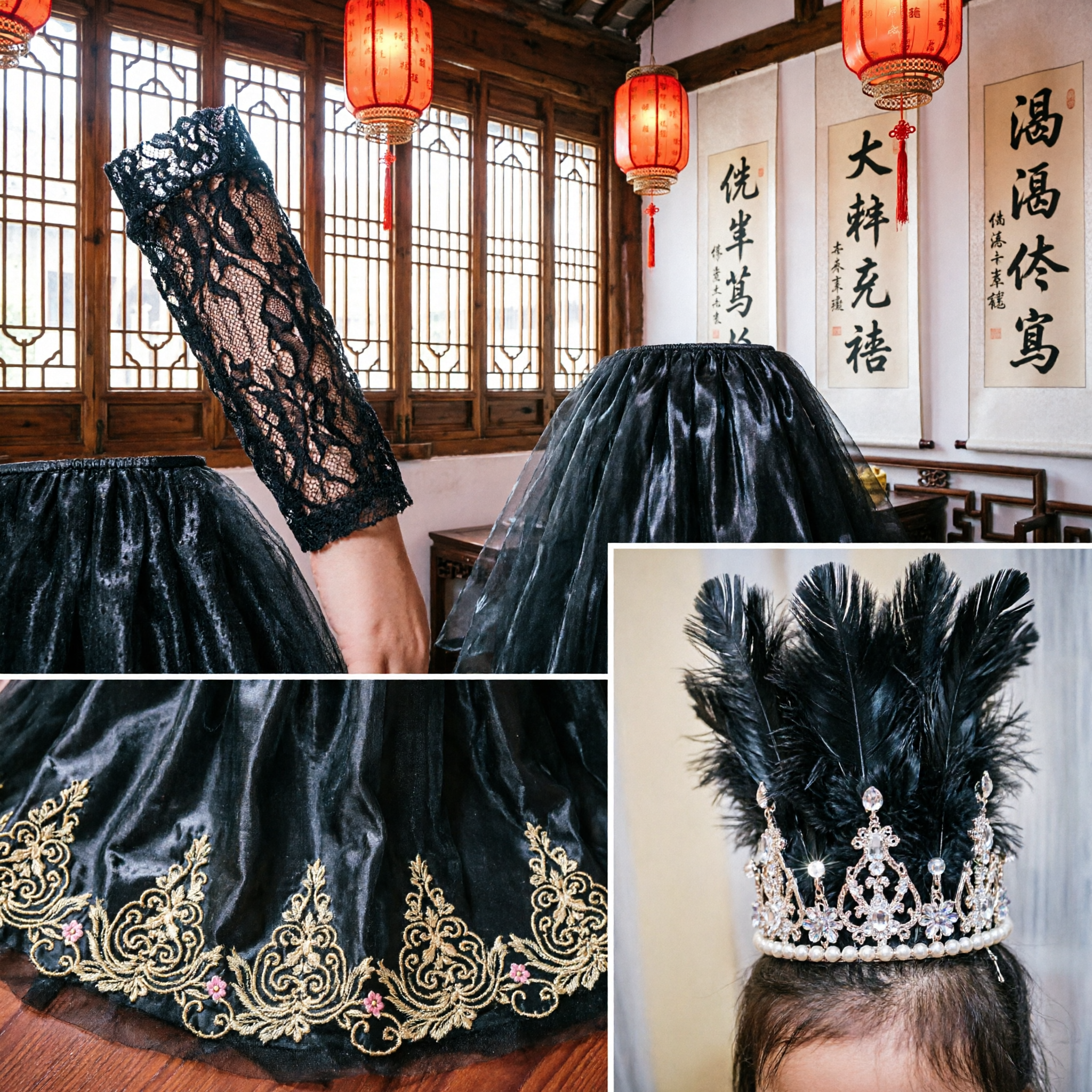 Elegant Black Queen Costume Dress for Girls with Feather Crown and Lace Sleeves for Halloween and Stage Performance