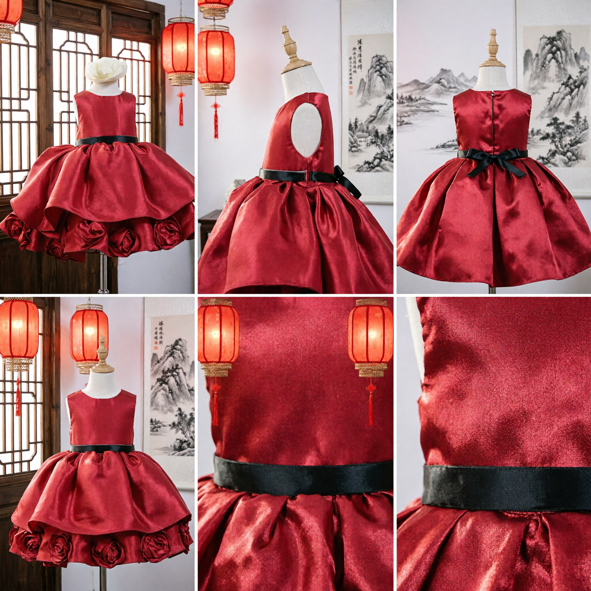 Elegant Red Satin Flower Girl Dress for Toddlers with Rose Hem for Wedding Parties