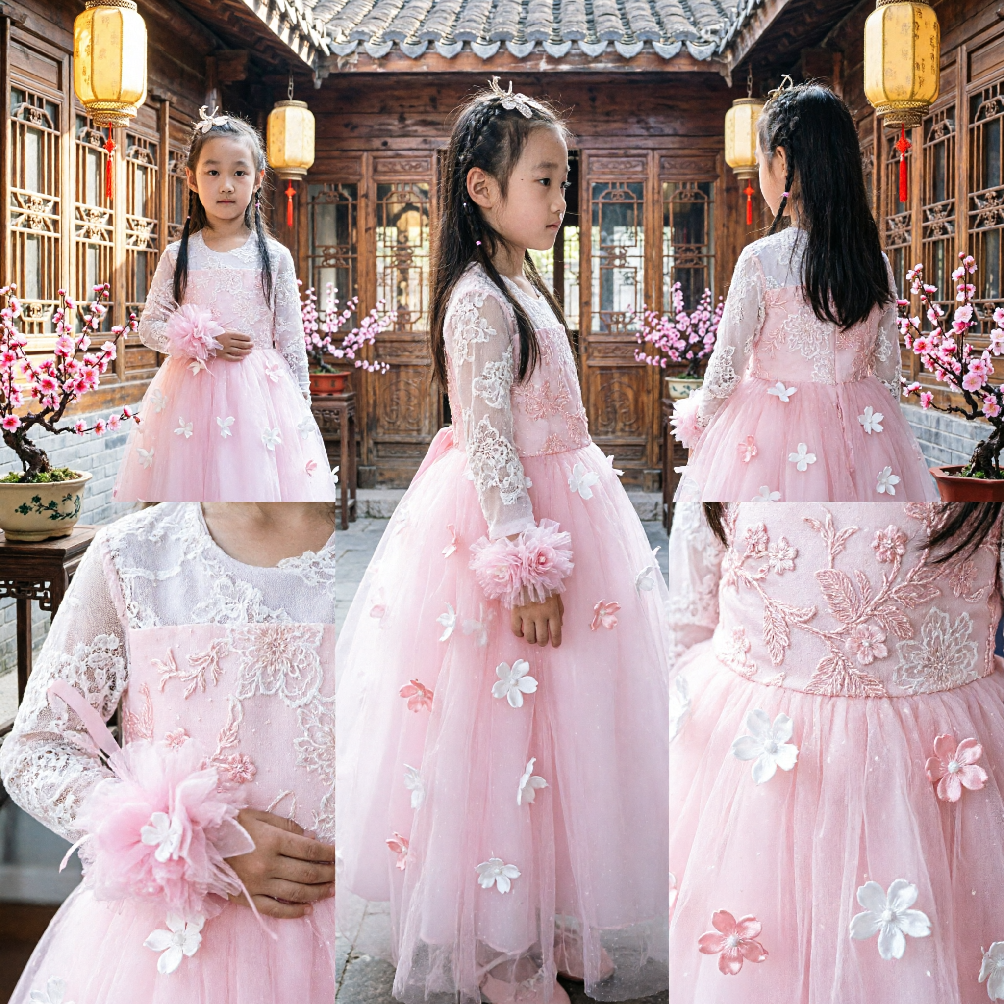 Pink Korean Hanbok Dress for Girls Traditional Lace Top Tulle Skirt Butterfly Wedding Flower Girl Costume