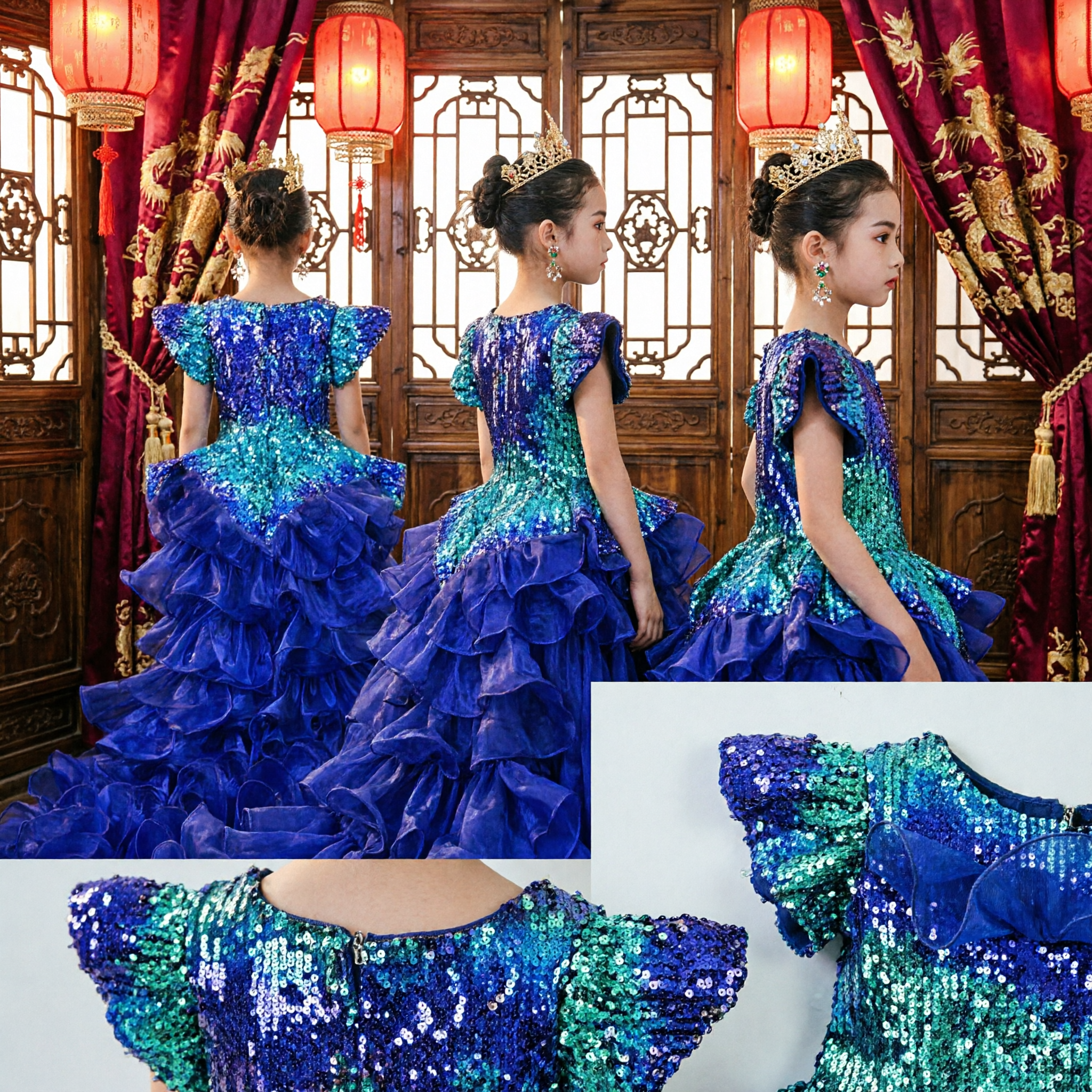 Royal Blue Sequined Ballgown with Ruffled Skirt for Kids Girls Stage Performance Pageant Costume