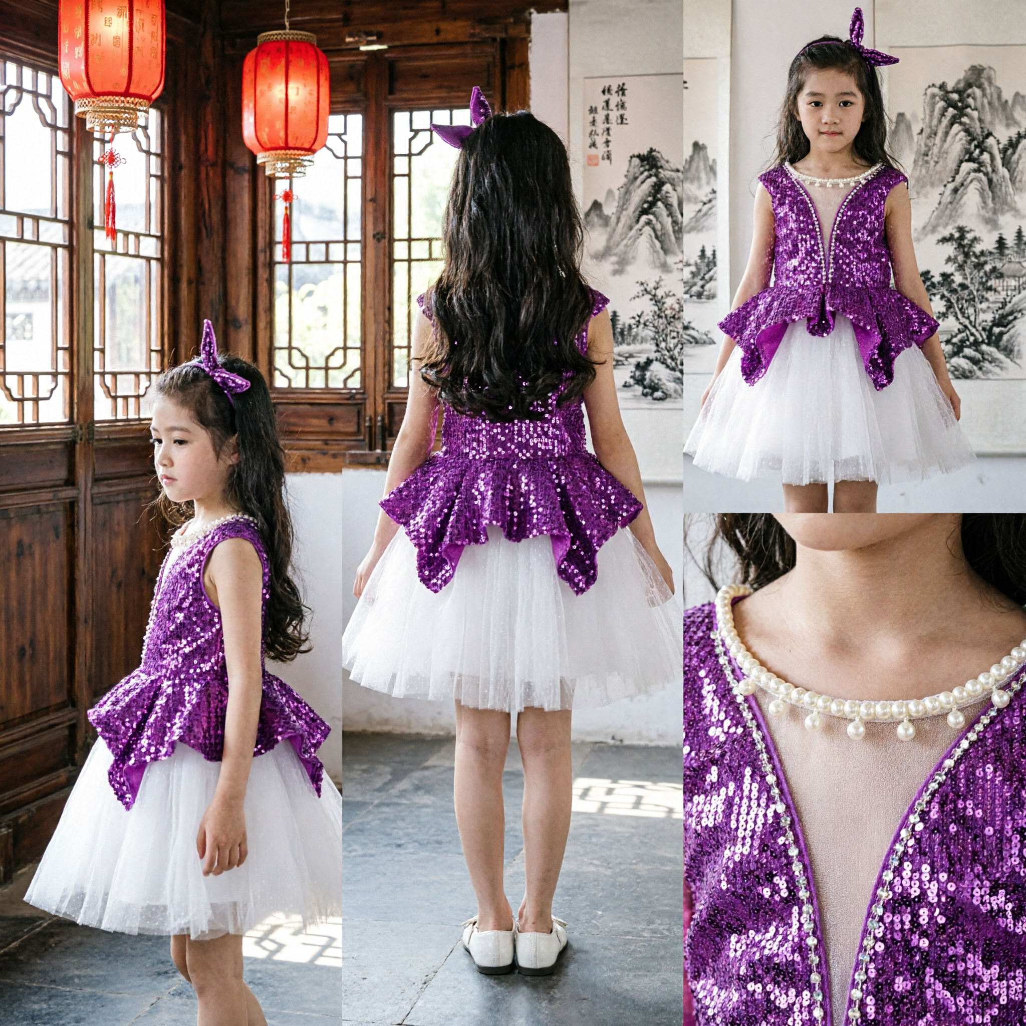 Girls Purple Sequin Peplum Vest and White Tulle Skirt Set for Stage Dance Performance Costume