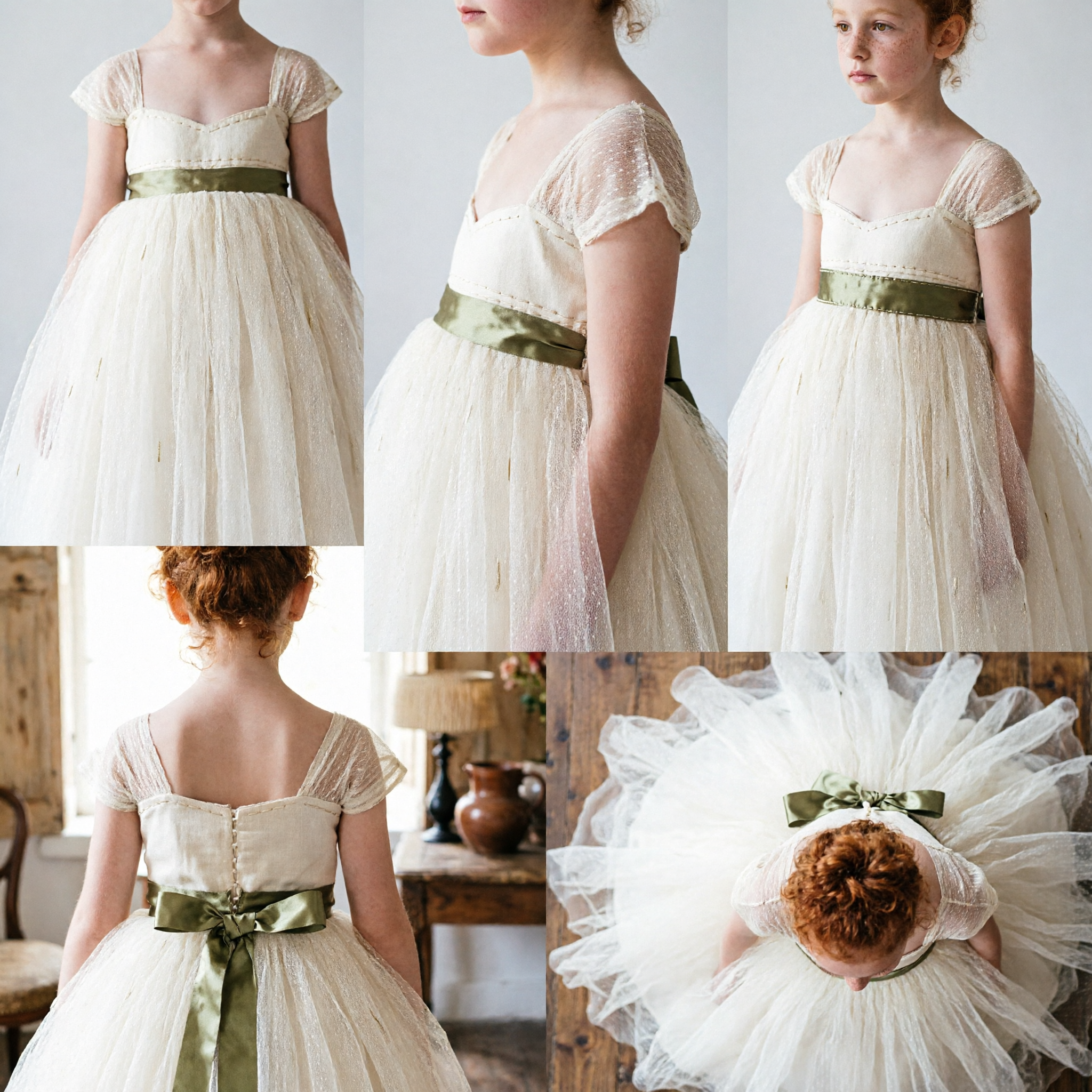 Elegant White Princess Ballgown Dress with Gold Sash for Flower Girls Weddings and First Communions