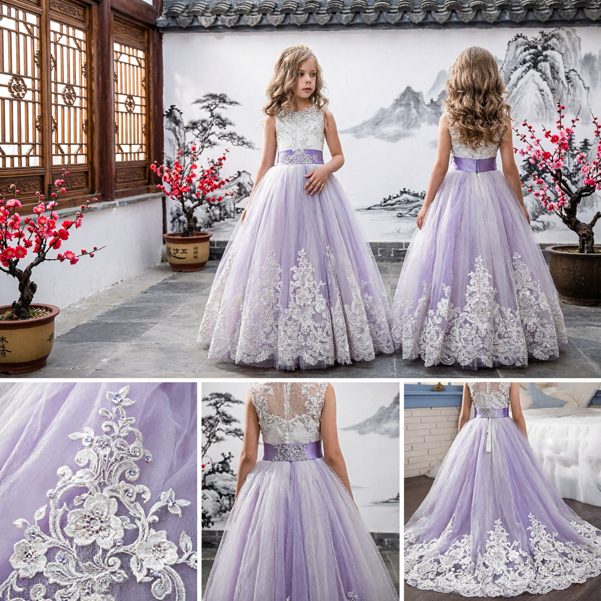 Elegant Purple Flower Girl Dress Long Tulle Lace Beaded Ball Gown for Kids Wedding Party