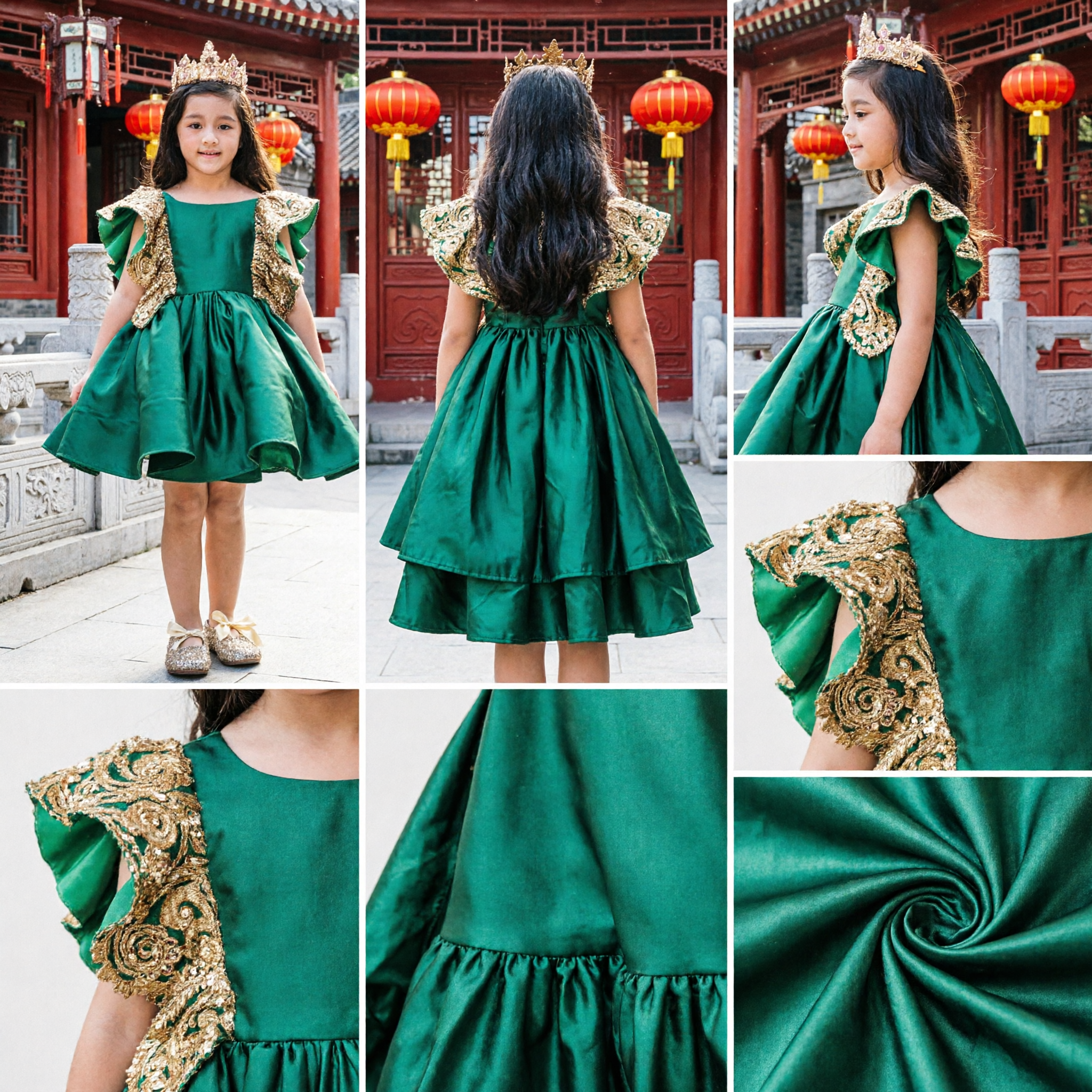 Girls Emerald Green Princess Dress with Gold Sequin Ruffle Sleeves for Pageant Performance Costume