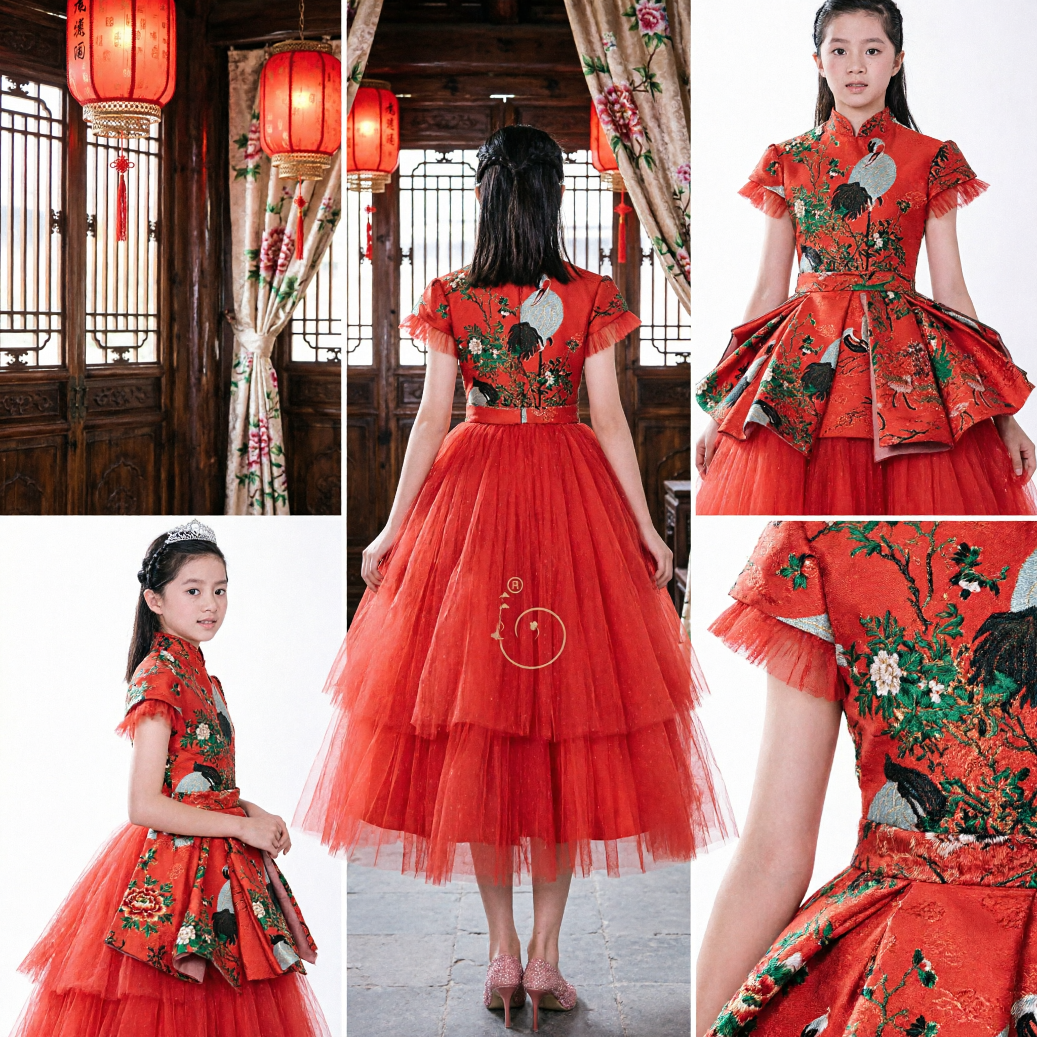 Girls Red Chinese Cheongsam Gown Peacock Embroidery High-Low Tulle Dress for Stage Show and Wedding