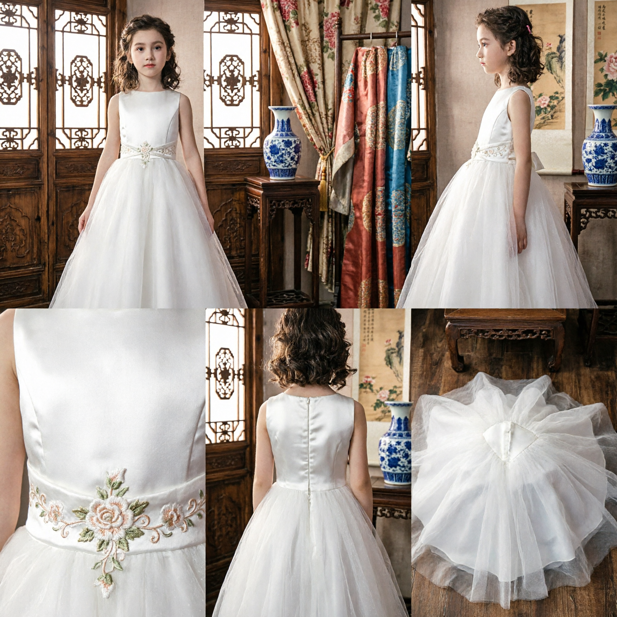 Elegant White Long Flower Girl Dress Sleeveless A-Line Gown for Kids Wedding First Communion