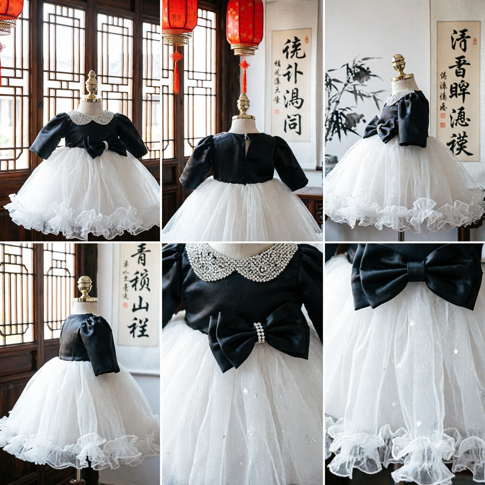 Toddler Girl Formal Dress Black Velvet Long Sleeve Rhinestone Collar White Tulle Skirt for Wedding Party