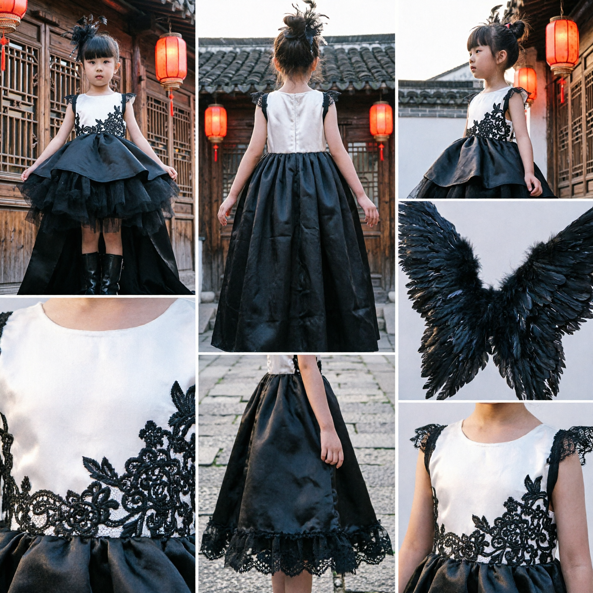 Kids Black Angel Wings Costume Runway Performance Dress with Feathers for Girls Stage Show