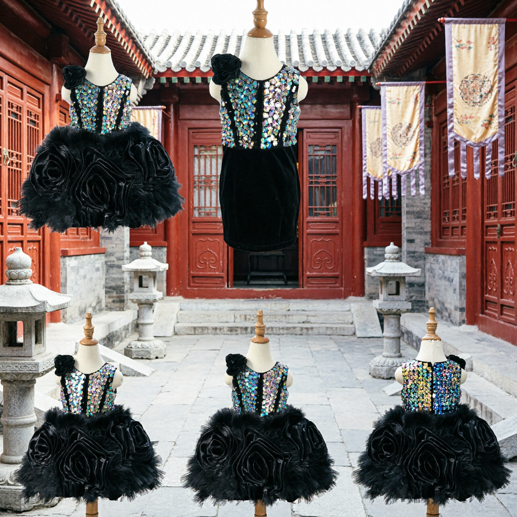 Black Crystal Sequin Flower Girl Dress Sleeveless Pageant Gown with Ruffled Skirt for Kids Performance