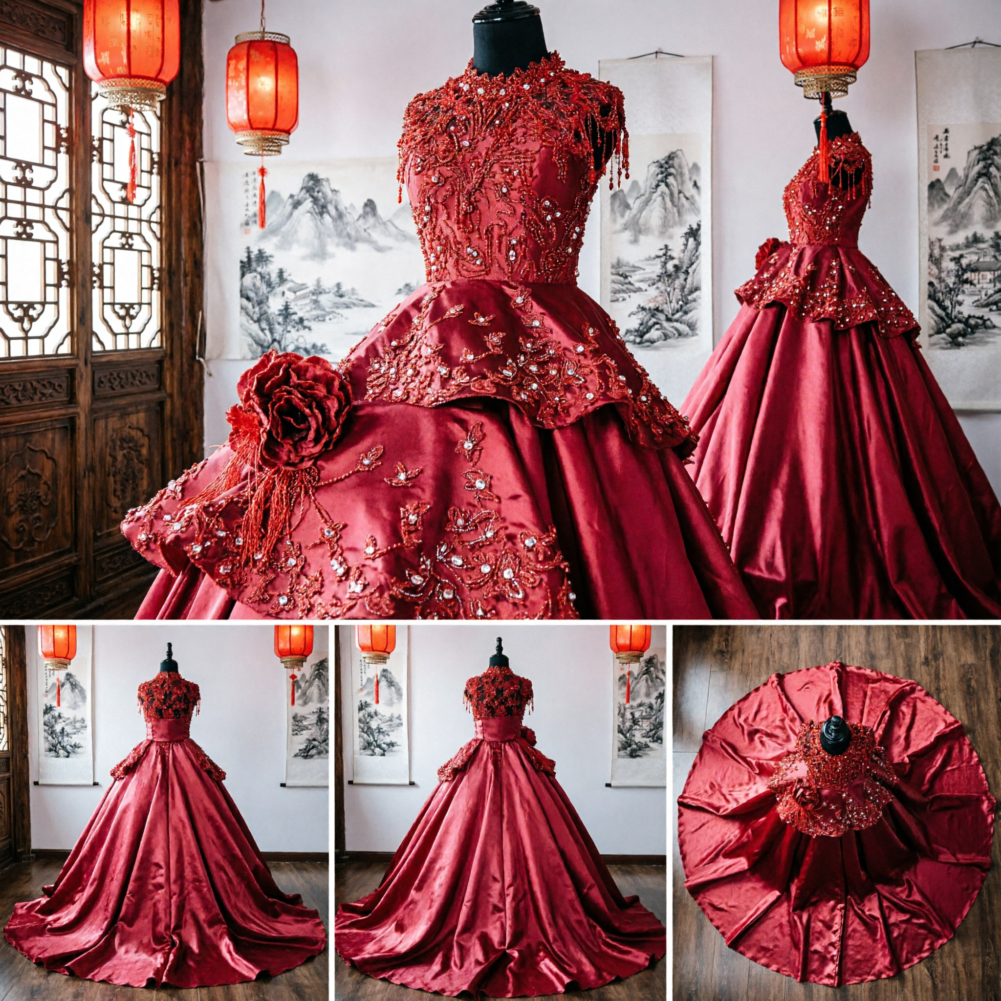 Traditional Chinese Red Wedding Dress with Intricate Floral Embroidery and Beaded Bodice for Elegant Bridal Ceremony