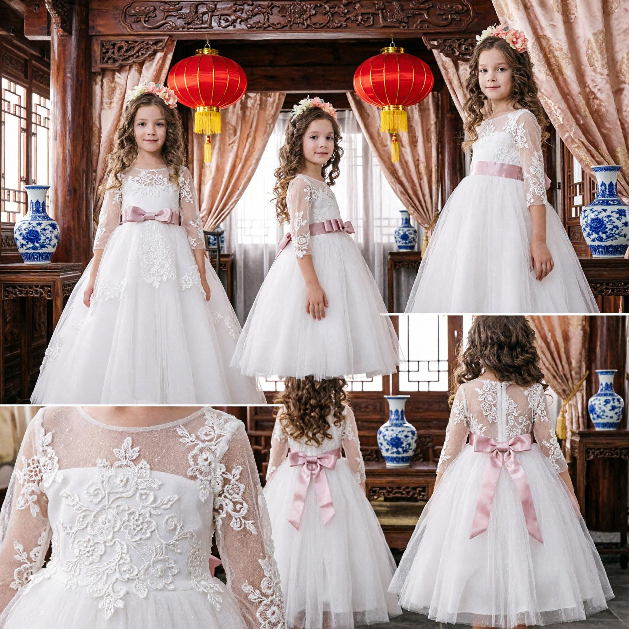 Girls White Lace Flower Girl Dress Long Sleeve Tulle Gown with Pink Sash for Wedding First Communion
