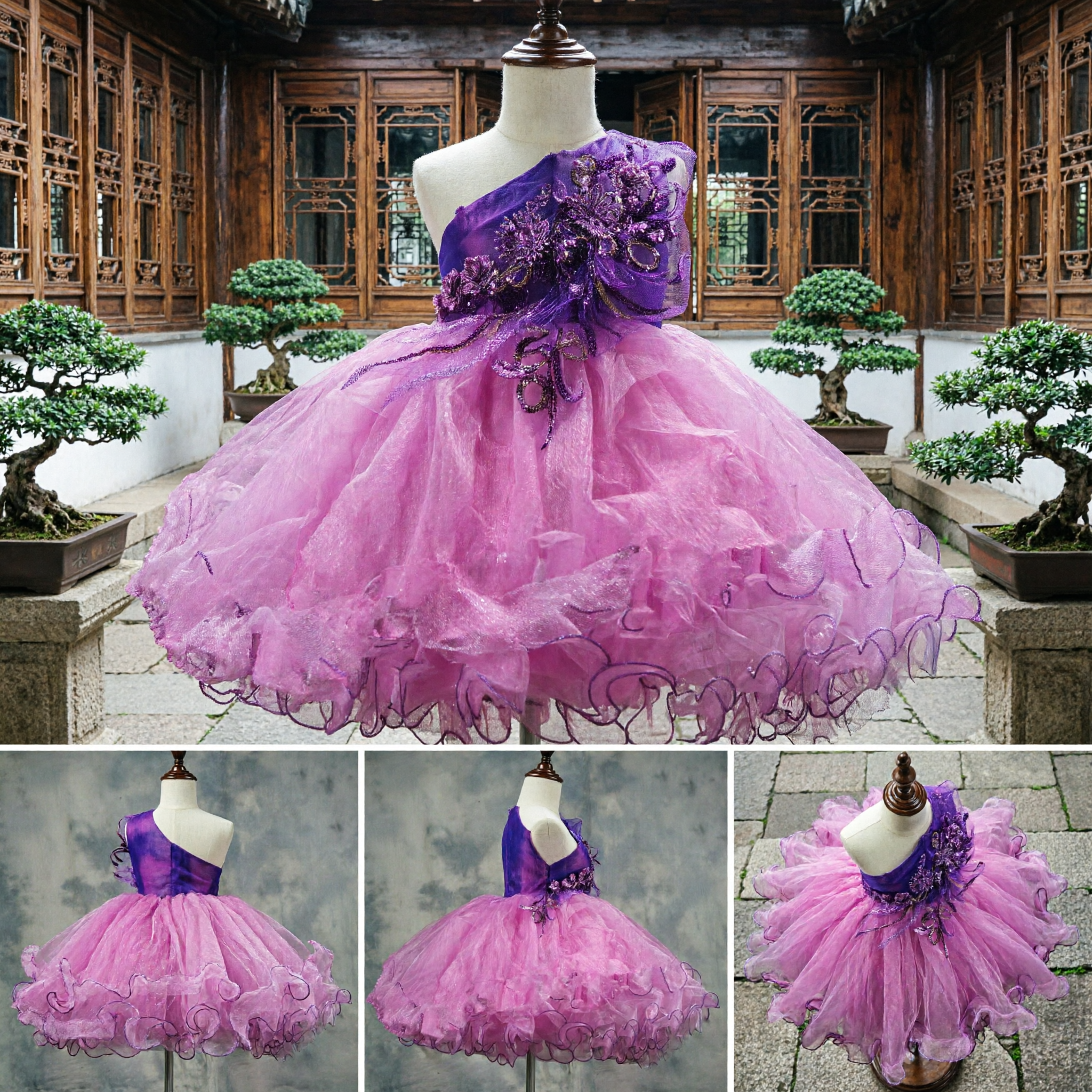 Girls Purple One Shoulder Sequin Bodice Pink Tulle Tutu Ball Gown Dress for Stage Performance Party