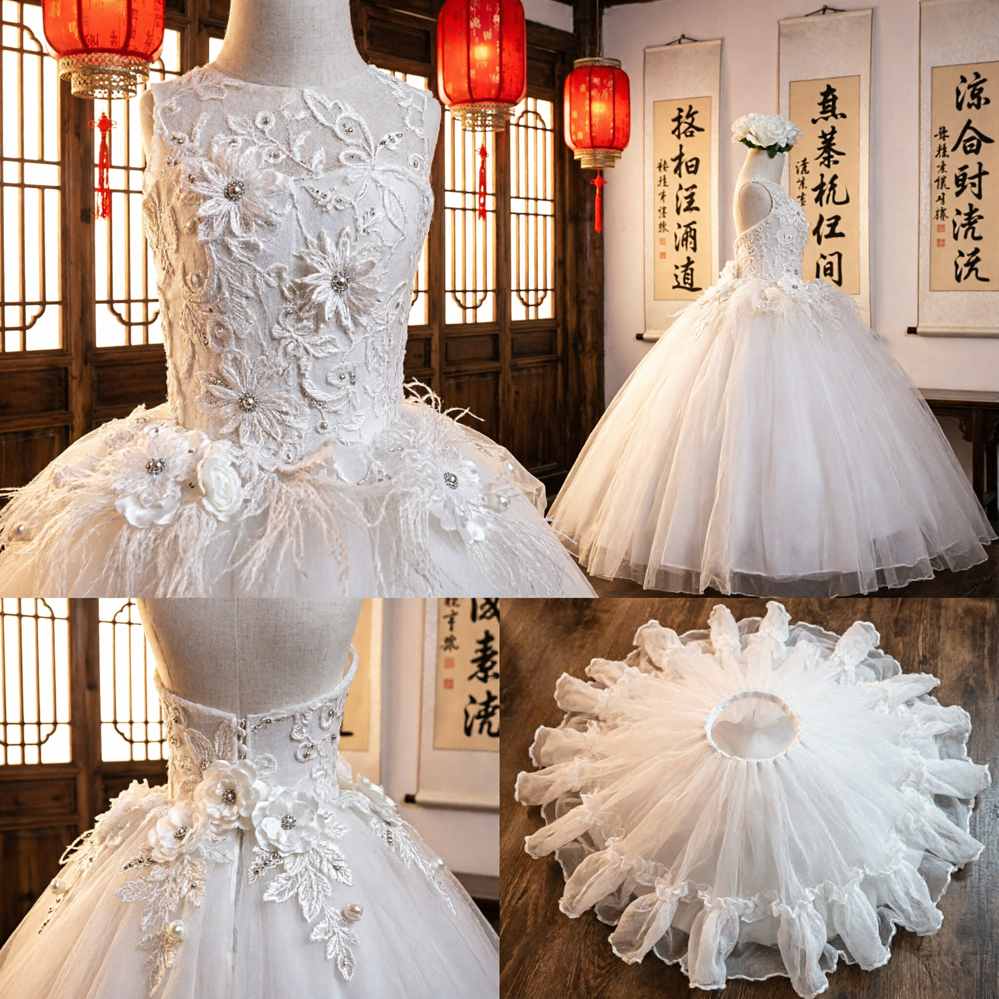 Elegant White Flower Girl Dress Princess Ball Gown with Floral Applique for First Communion Wedding Pageant