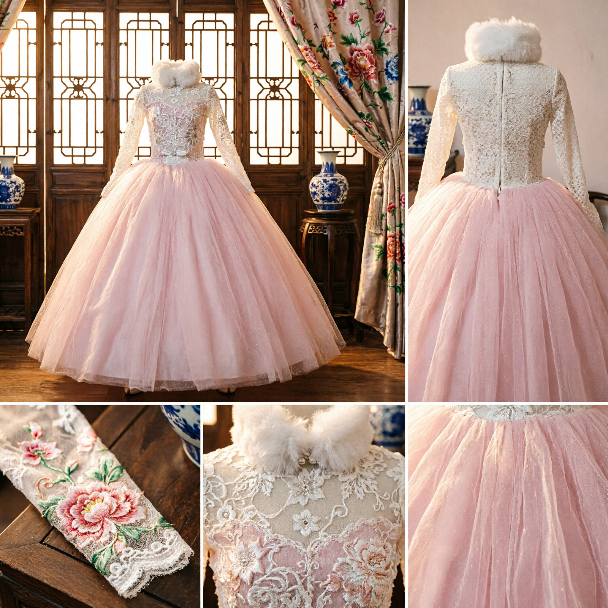 Elegant Pink Ballgown with Lace Bodice and Fur Collar Princess Dress for Quinceanera Prom Wedding
