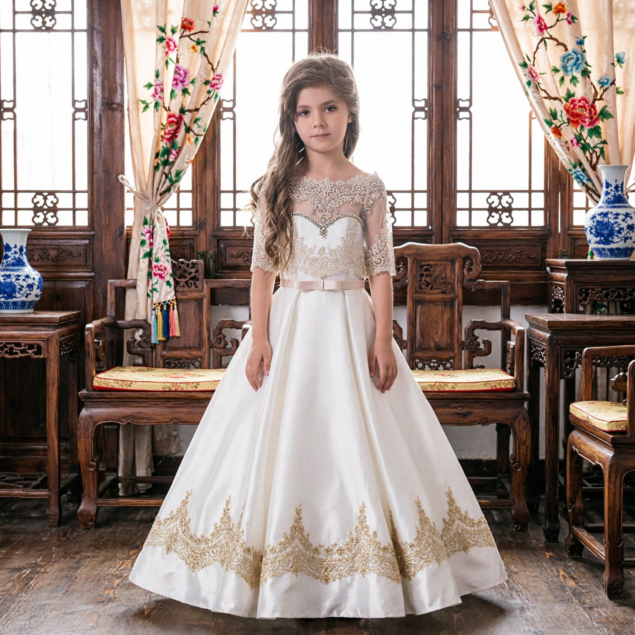 Elegant Ivory Lace Flower Girl Dress with Short Sleeves for Wedding First Communion Pageant Gown