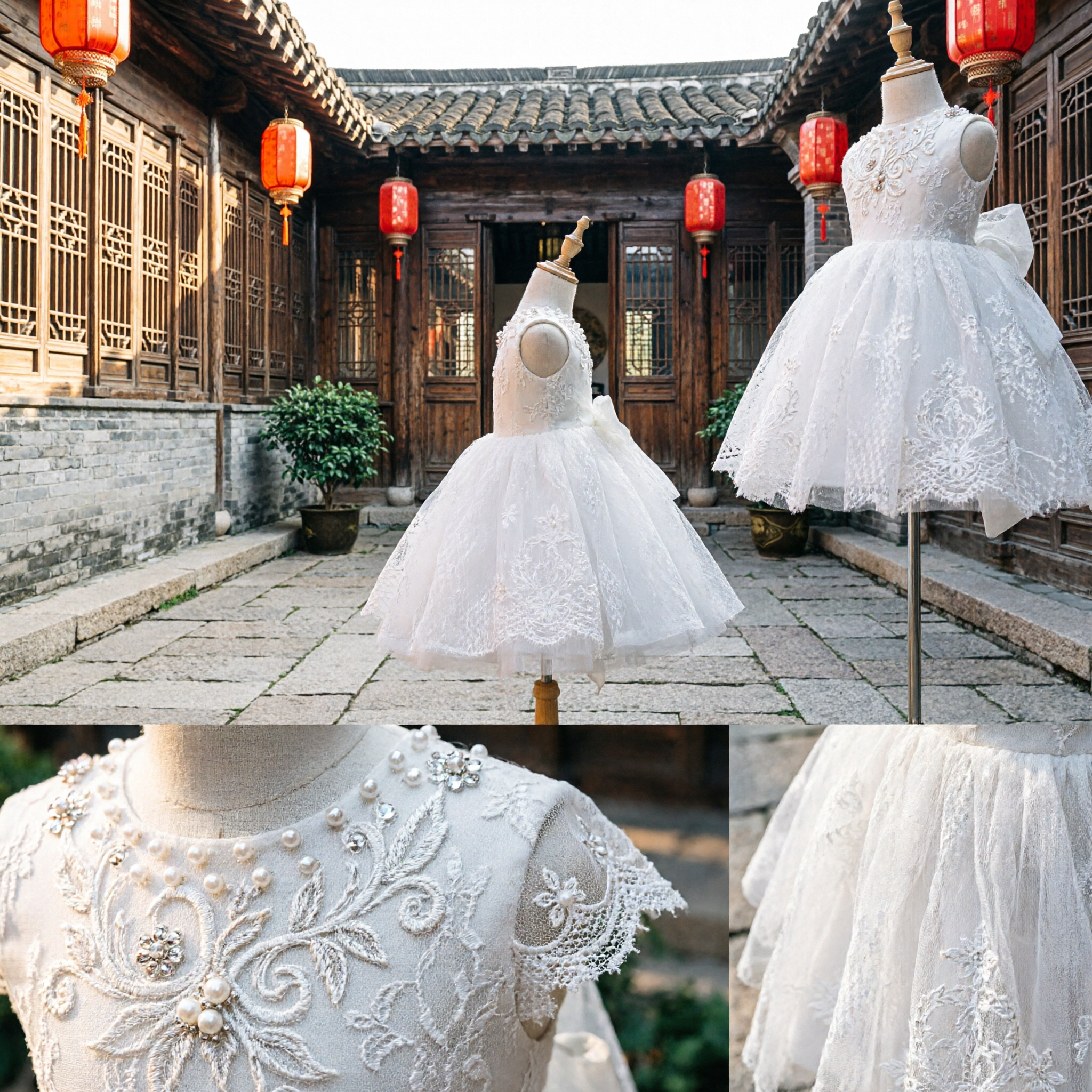 Elegant White Lace Flower Girl Dress Princess First Communion Gown for Toddler Kids Wedding Party