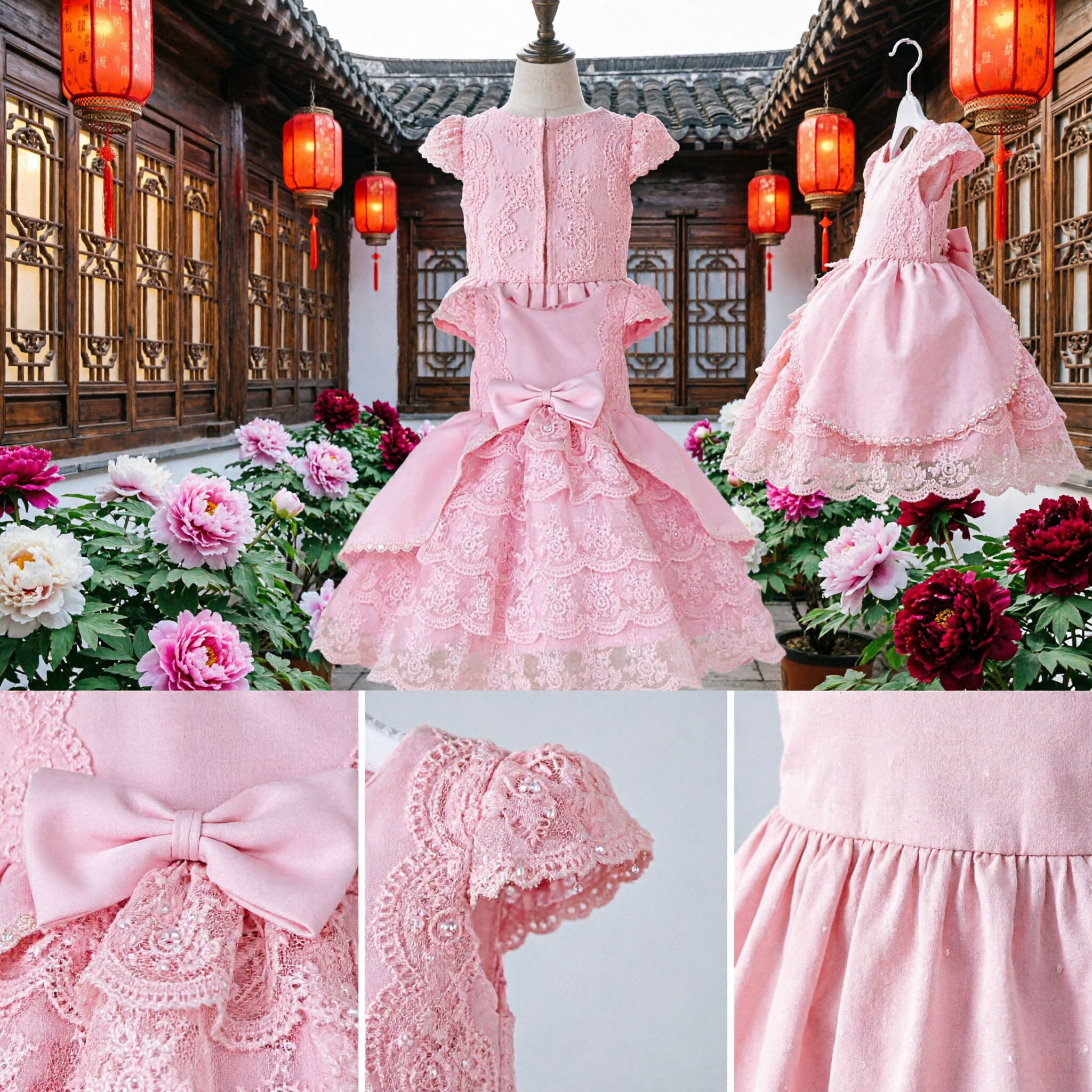 Pink Lace Tiered Princess Dress for Girls Flower Girl Wedding Party Gown with Large Bow and Ruffles