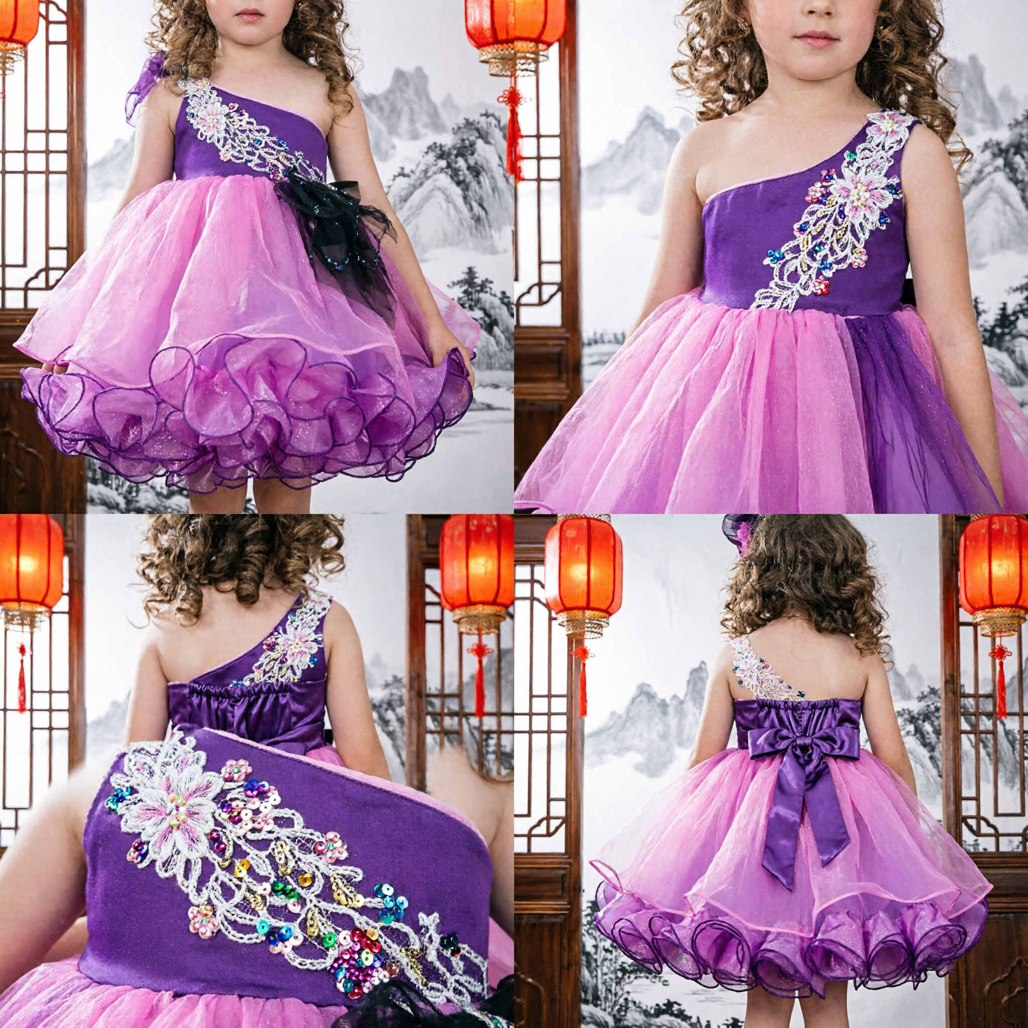 Girls Purple One Shoulder Beaded Bodice Pink Ruffled Petal Skirt Dress Pageant Party Costume