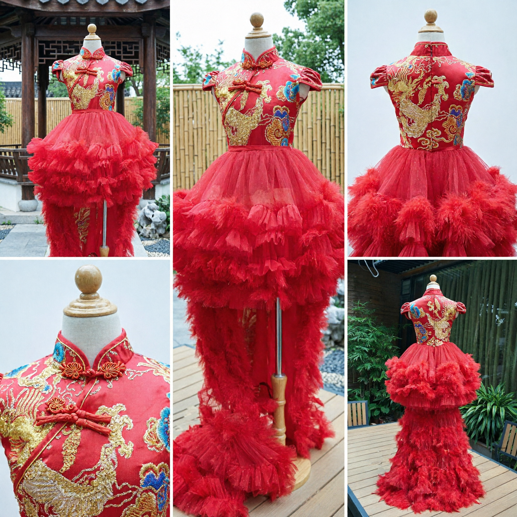 Traditional Chinese Red Qipao Wedding Dress with Gold Embroidery and Layered Ruffle Skirt Train