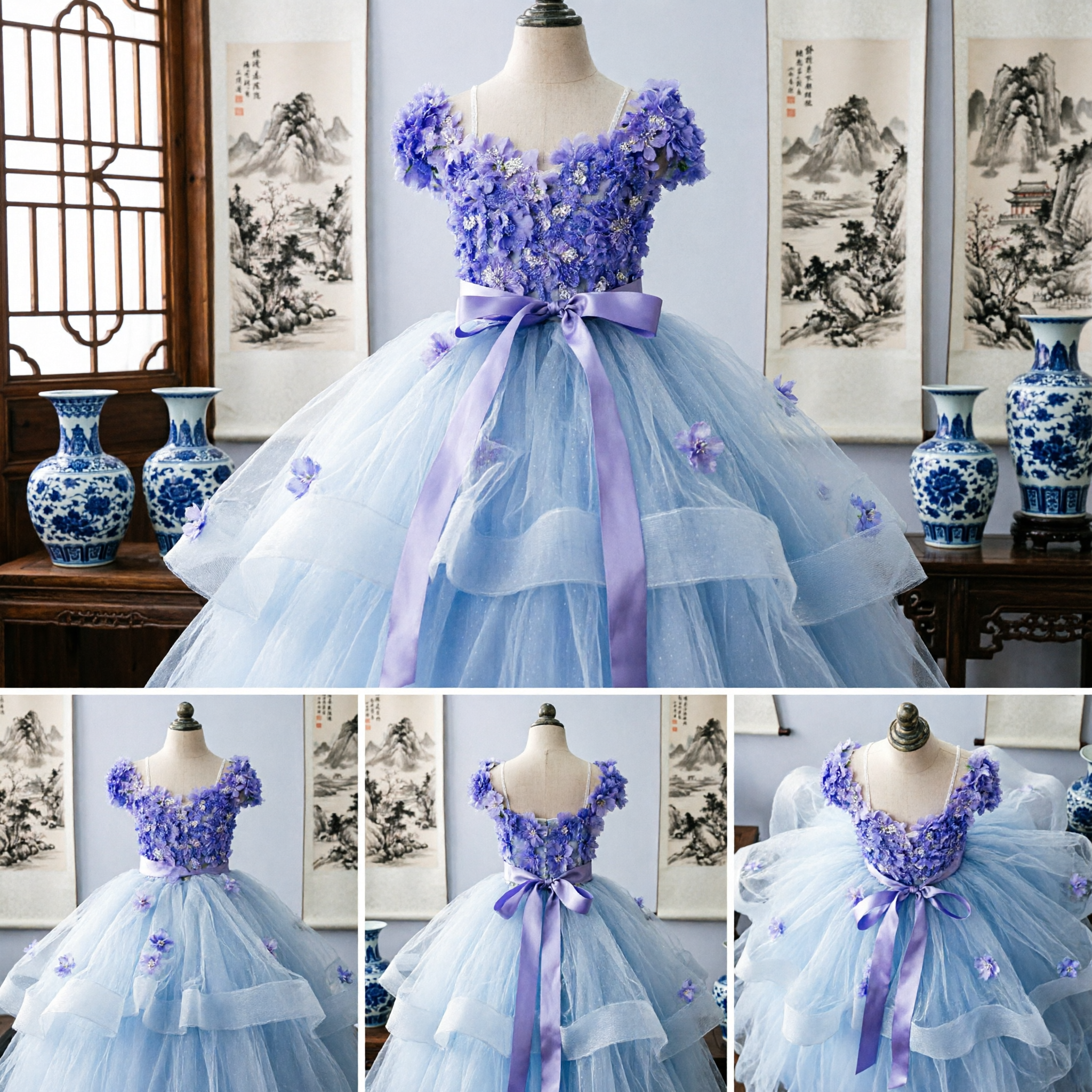 Purple 3D Floral Appliqué Tulle Ball Gown Flower Girl Dress for Wedding Pageant Party