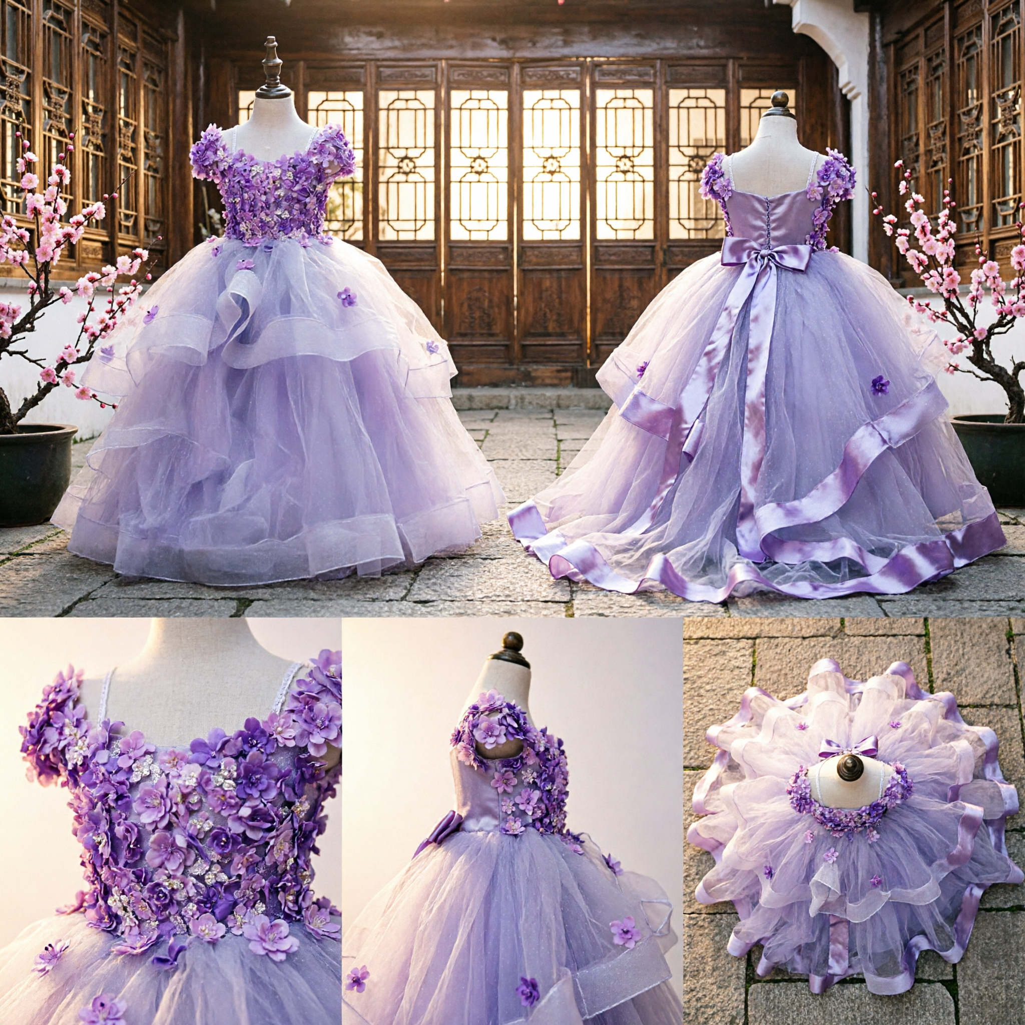 Purple 3D Floral Off-Shoulder Flower Girl Dress White Tulle Ball Gown for Kids Wedding Pageant