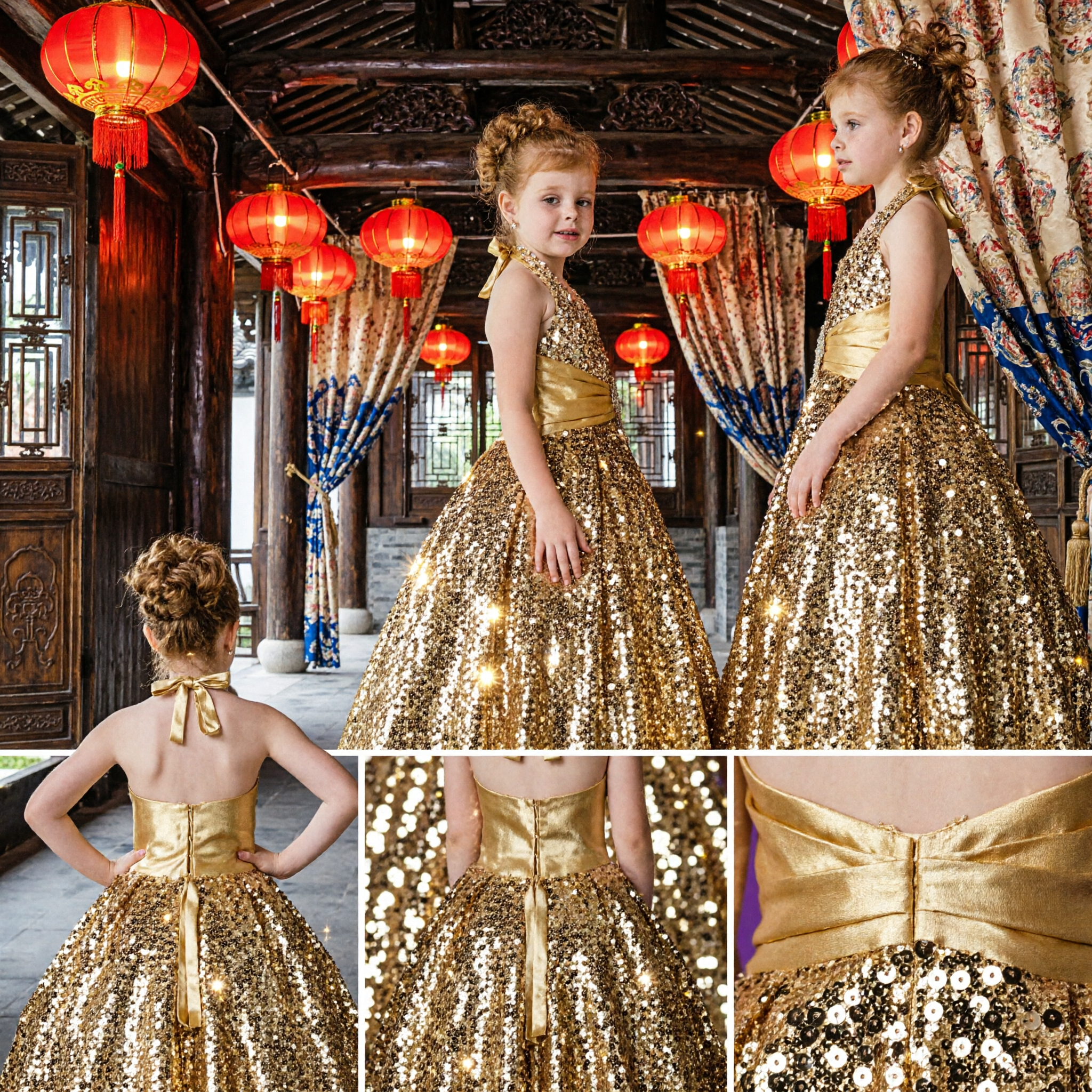 Girls Gold Sequin Halter Neck Formal Ball Gown for Wedding Party Pageant Performance