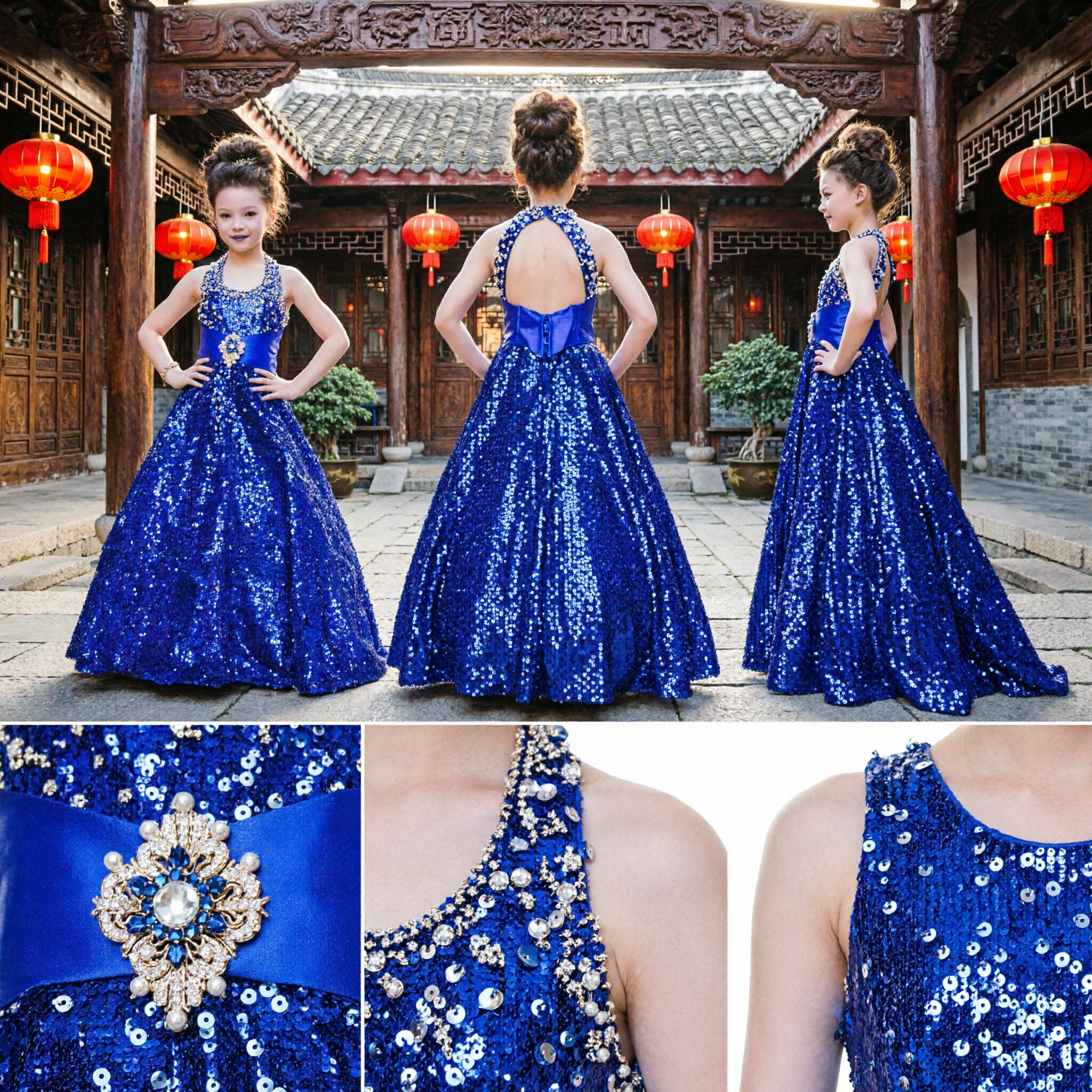 Royal Blue Sequin Long Gown for Kids Girls Formal Stage Performance Hosting Evening Party Dress
