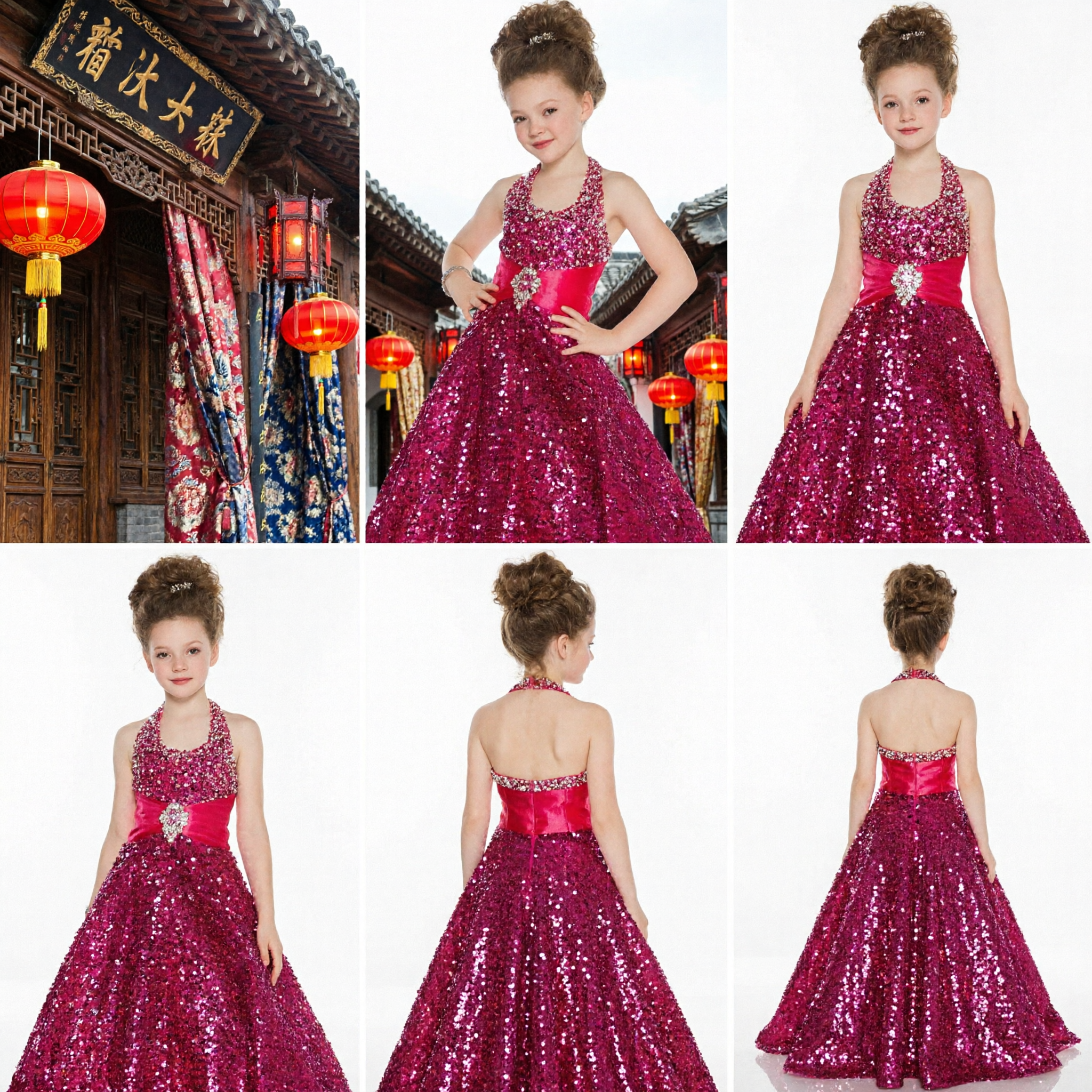 Girls Sparkly Magenta Sequin Halter Ball Gown Dress for Pageant Prom Wedding Performance