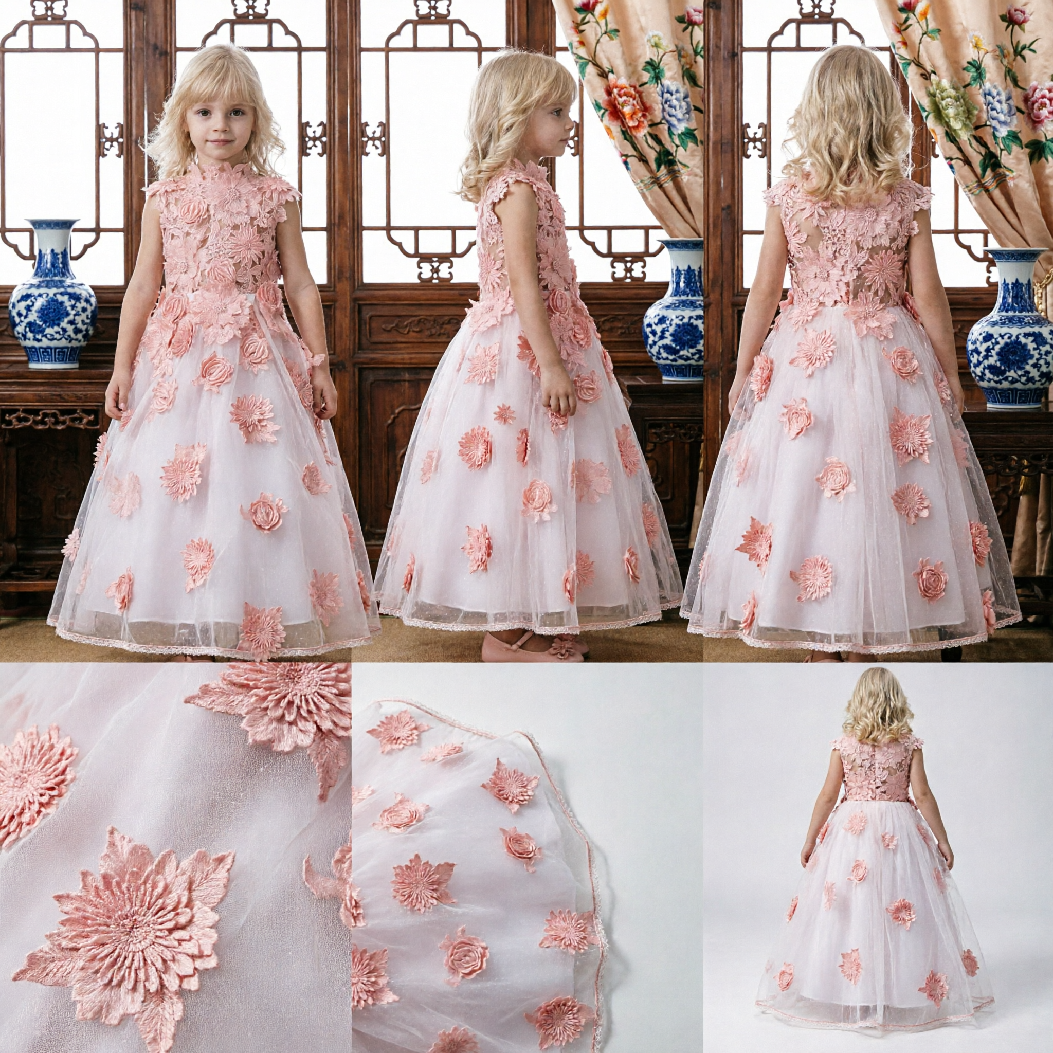 Elegant Pink 3D Floral High Neck Flower Girl Dress Long Tulle Gown for Wedding Pageant