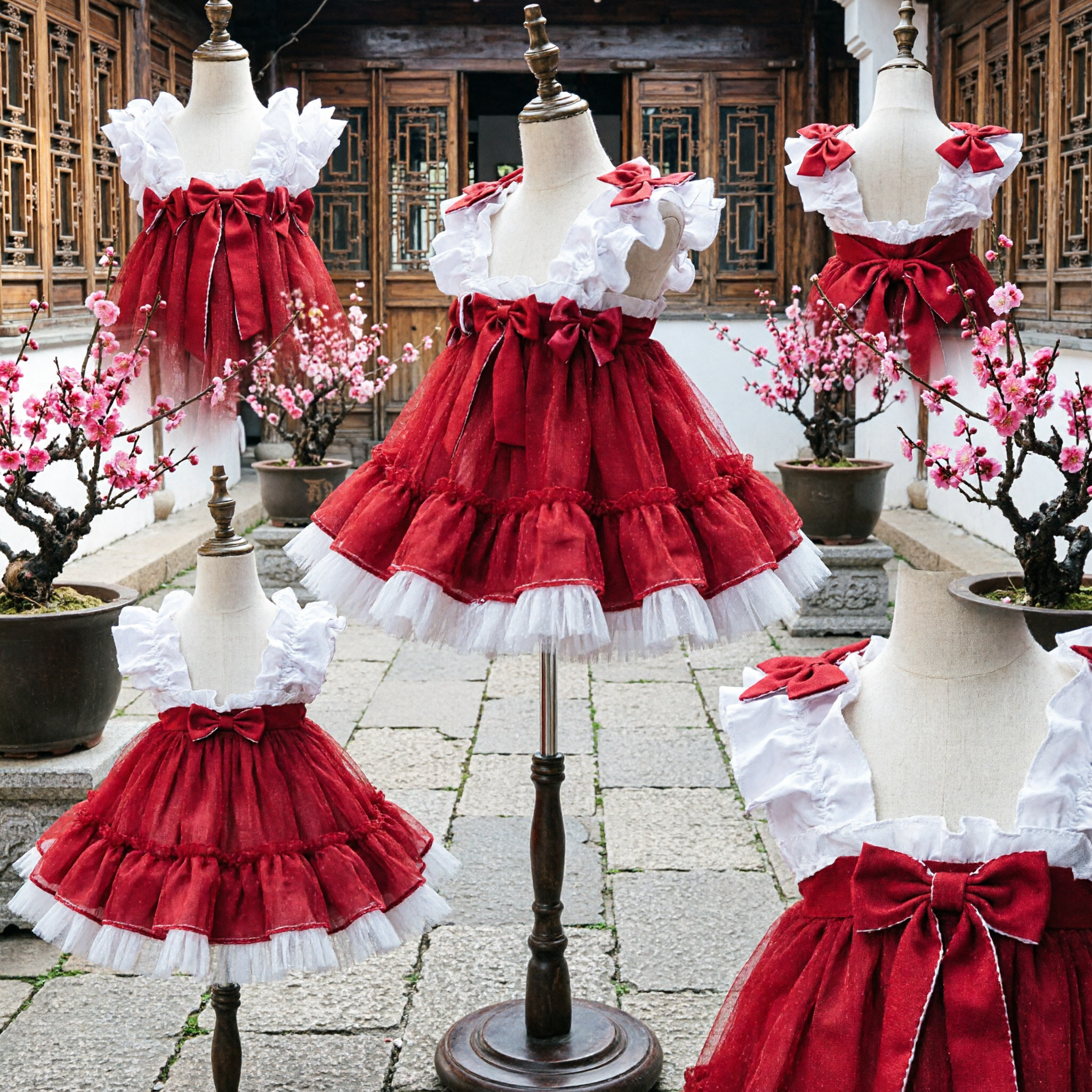 Girls Red and White Ruffled Dance Dress Spanish Style Traditional Performance Costume for Little Kids
