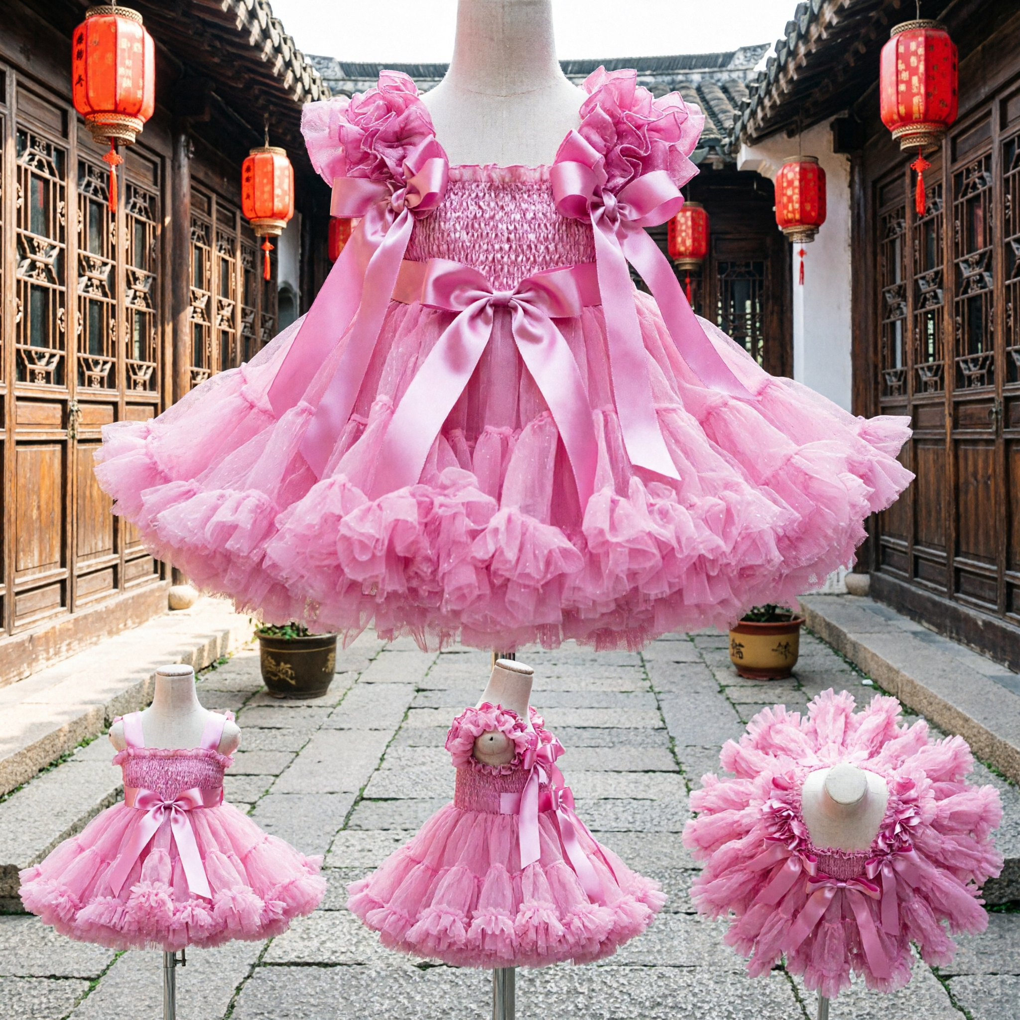 Girls Pink Ballet Tutu Dress with Ruffles and Bows Tulle Skirt Dance Costume for Kids Performance