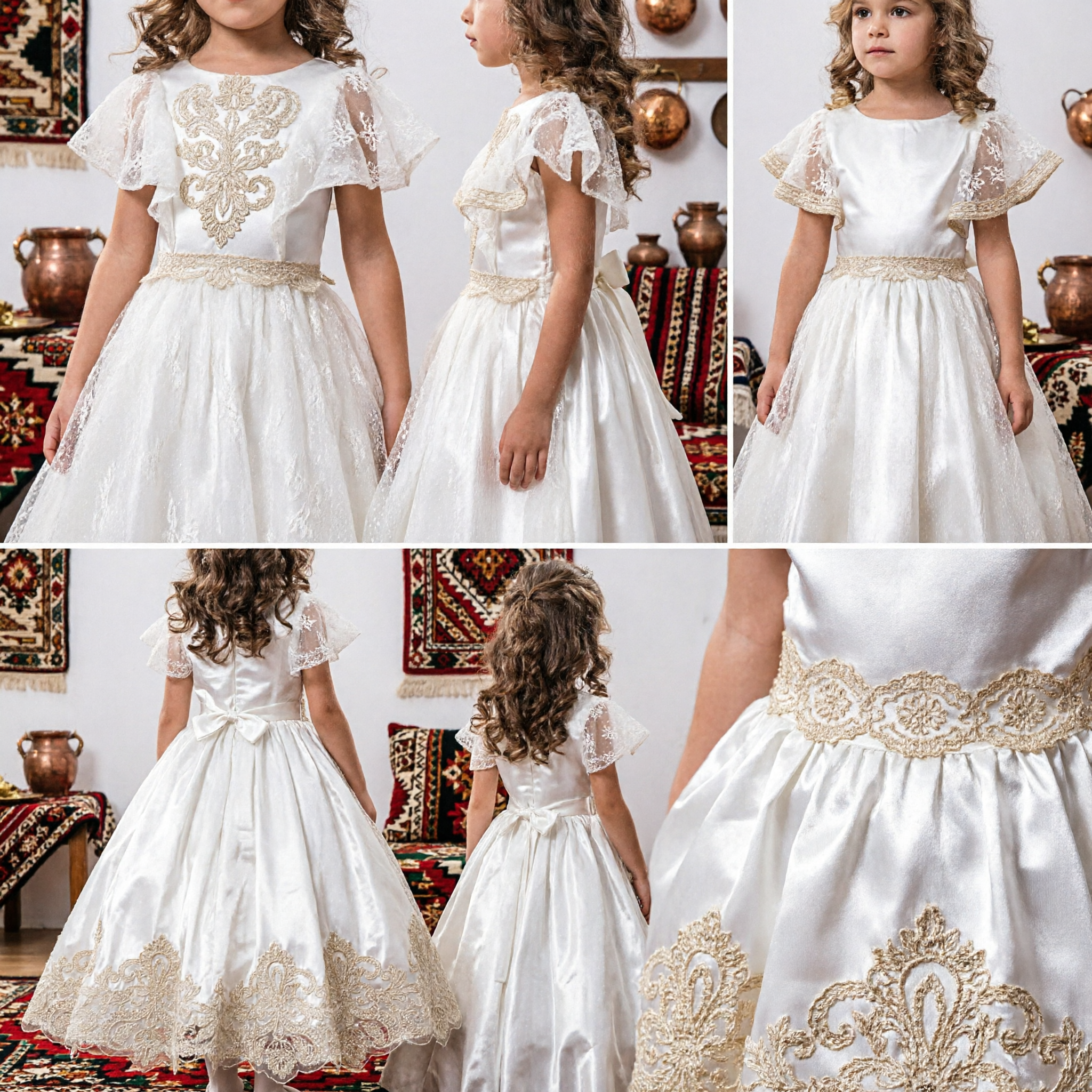 Elegant White Flower Girl Dress with Gold Lace Embroidery for Weddings and First Communion Ceremonies