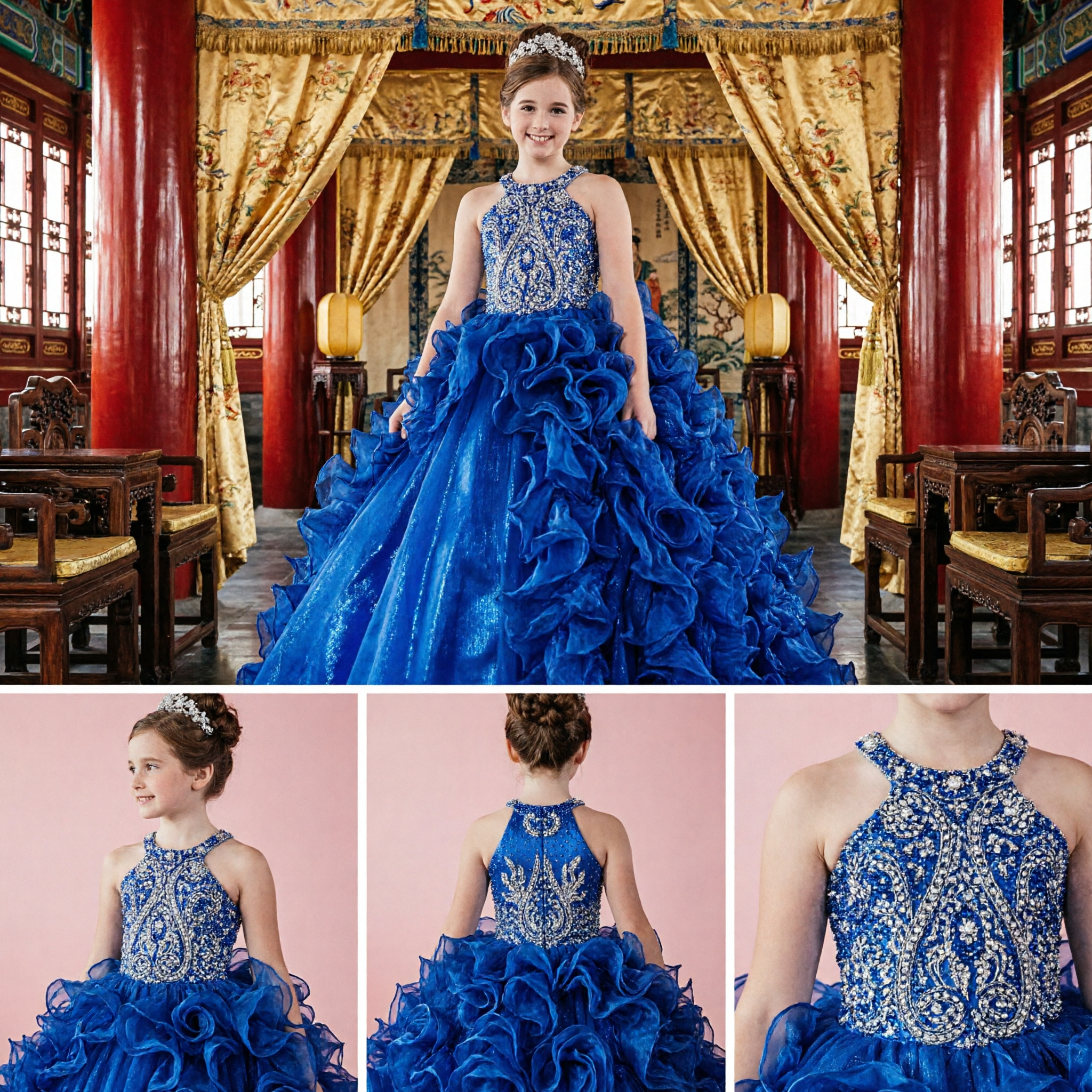 Royal Blue Halter Neck Ball Gown for Girls Flower Girl Pageant Party Dress with Ruffles