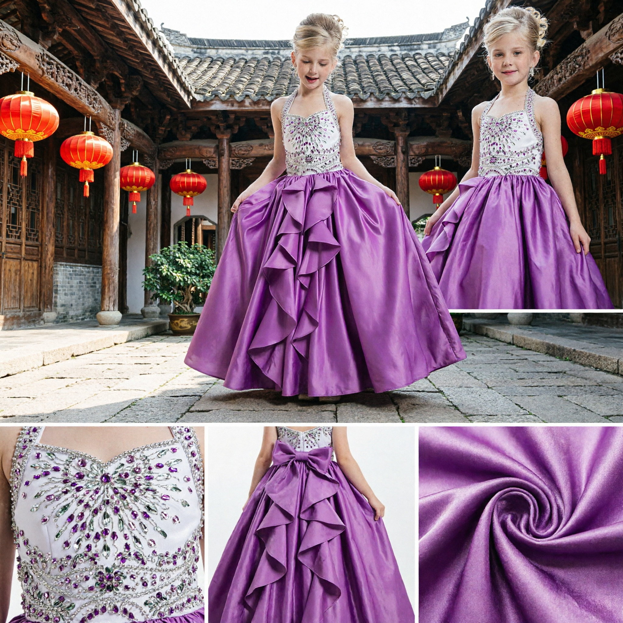 Purple Halter Rhinestone Flower Girl Dress Pageant Gown for Kids Wedding Formal Party Ball Gown